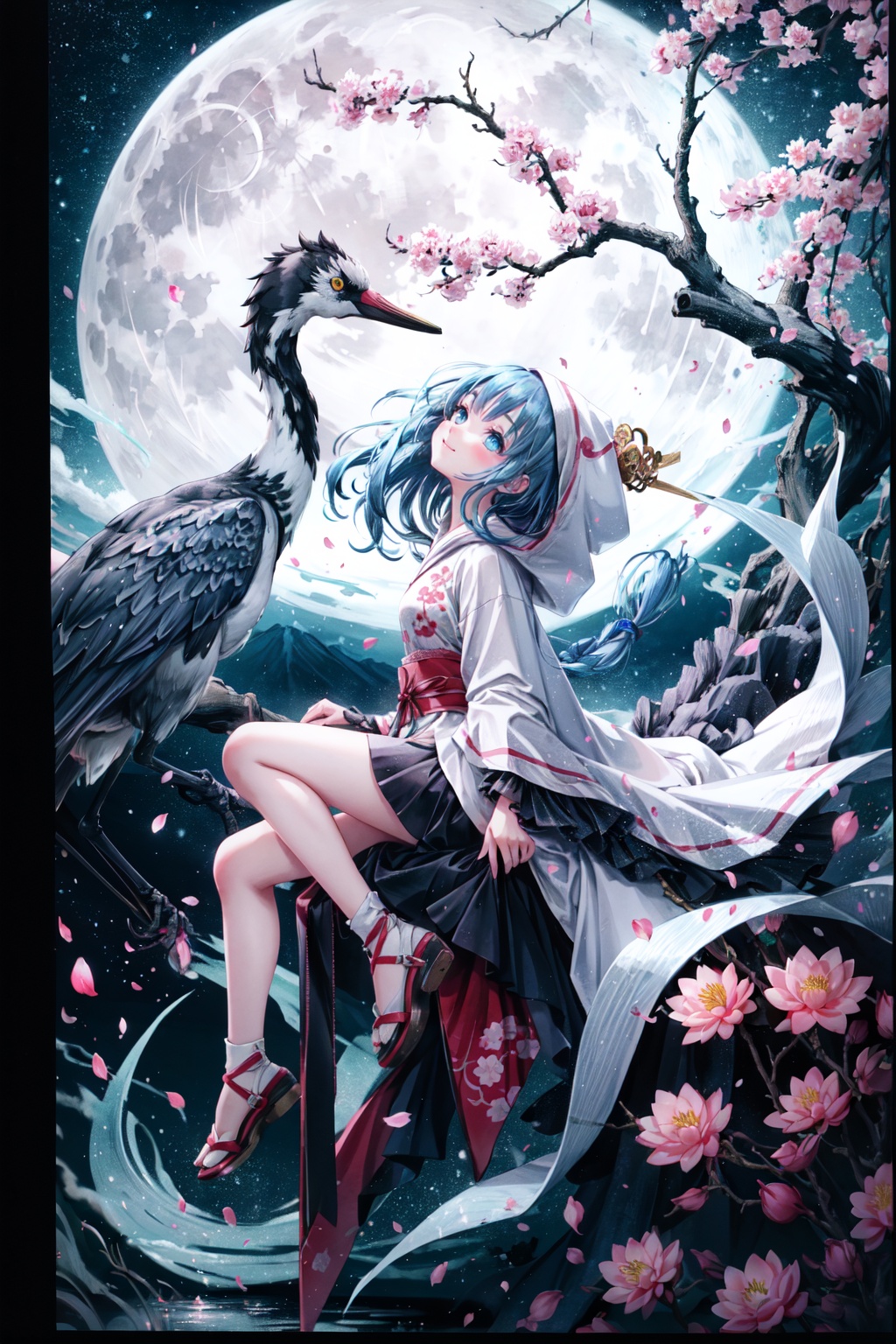  (1girl, blue hair, blue eyes, blush, long hair, smile, happy), (from side), (looking up:1.2), floating sakura petals, white robe, hood, night, star sky, beautiful scenery, Lean against, full moon, (panorama, wide shot, distant view), (full body), ( ink painting, ink splashes, ink wash), cloudy, cirrocumulus, mountains, lake, Chinese style architecture, (Yellow Crane Tower), chinese_trees, branch, (plum blossom), (lotus), petals