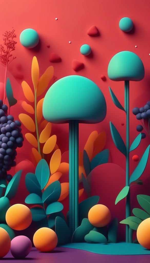  Amazing another planet plants and berries wallpaper, vibrant colors, simple, 3d soft gum shapes, harmony, sunny mood, ((minimalistic)), abstract, high quality, vector, clarity, subsurface scattering, volete sky