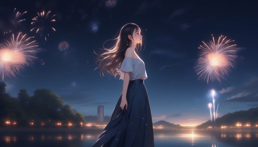  ((extremely detailed CG unity 8k wallpaper)),(masterpiece), (best quality), (ultra-detailed), (best illustration),(best shadow), (an extremely delicate and beautiful), ((((1girl)))), dynamic angle, floating, finely detail, (bloom), (shine), glinting stars, ((((best detailed fireworks)))), ((((depth of field)))), (((hanabi))), Beautiful detailed girl, (((backlight))), extremely delicate and beautiful girls, ((summer long skirt)), (((solo))), best detailed hair, ((beautiful detailed water)), night sky, (((small breast))), beautiful detailed sky, beautiful detailed eyes, (((arms behind back))), long hair, (((dynamic angle))), long skirt