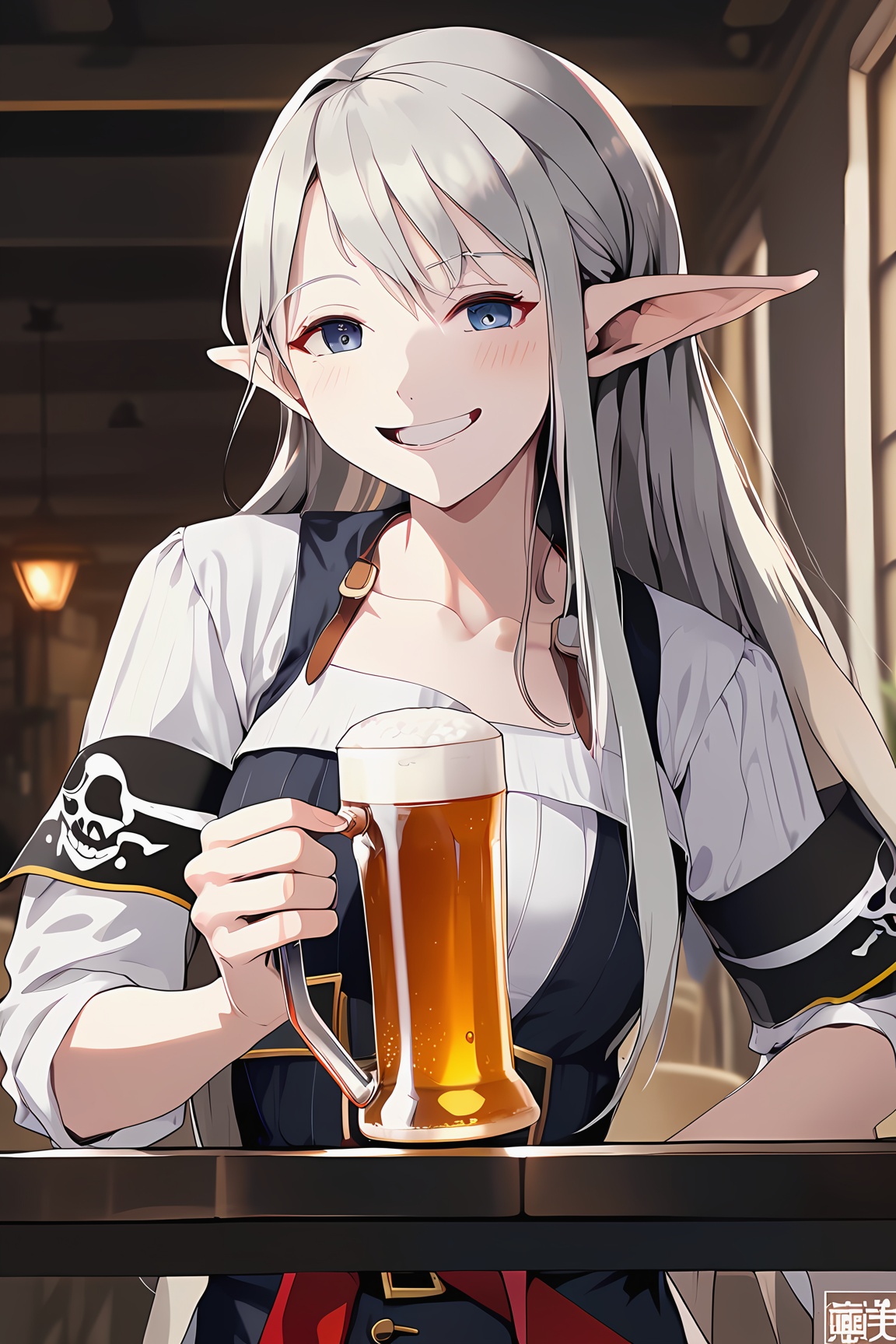  (masterpiece, best quality, highres:1.3), ultra resolution image, niji, sketch, manga, 1girl, upper body, holding_cup, beer, cafe, grin, very_long_hair, elf, pale_skin, pirates