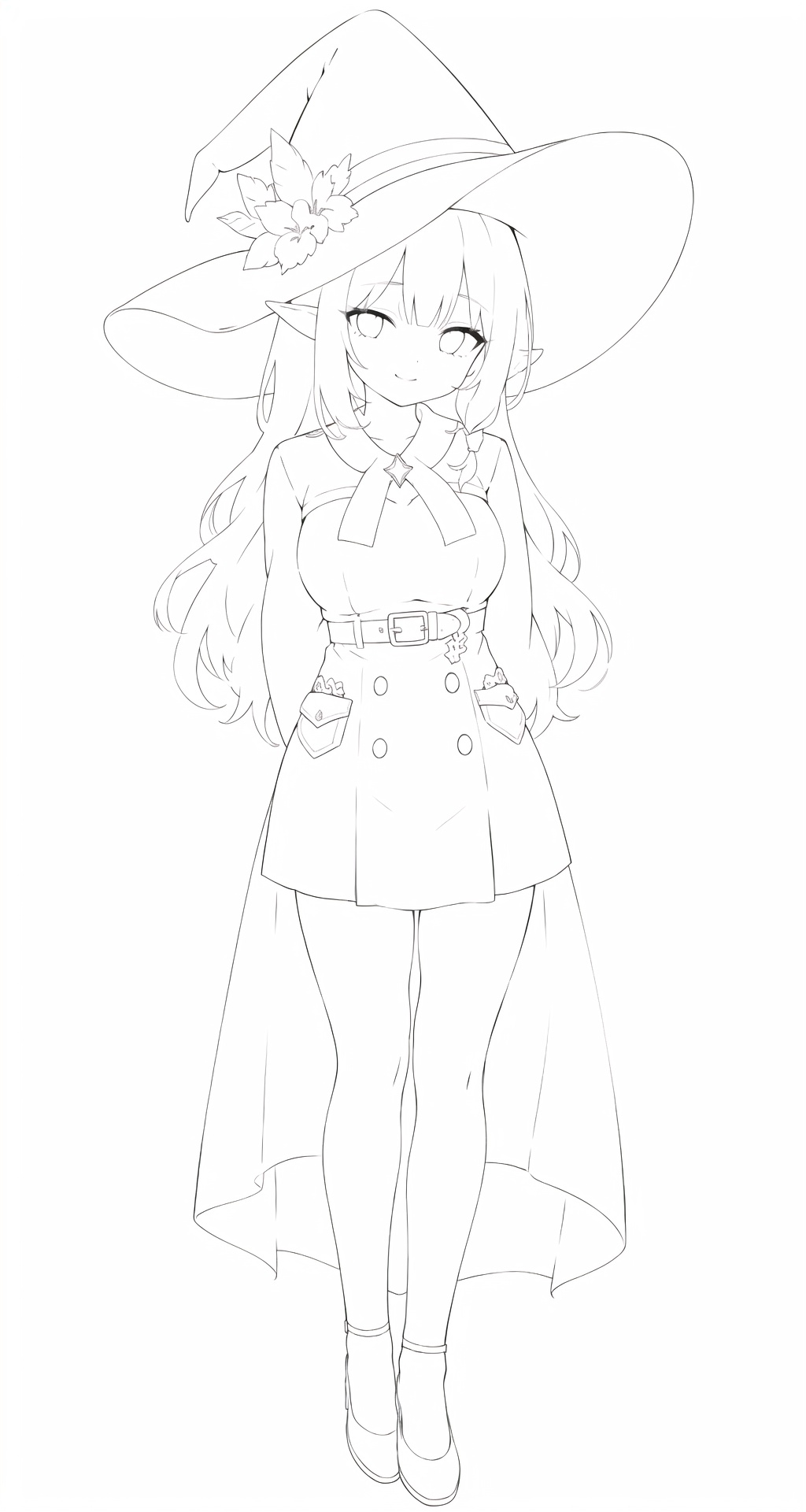 (greyscale,monochrome,sketch),(masterpiece:1.2),(arms behind back:1.2),best quality,game cg,1girl,solo,long hair,white hair,hair ornament,dress,full body,looking at viewer,simple background,red eyes,standing,hair flower,white background,white dress,closed mouth,long sleeves,skirt,wavy hair,blush,large breasts,smile,very long hair,hand up,floral print,witch hat,elf,,