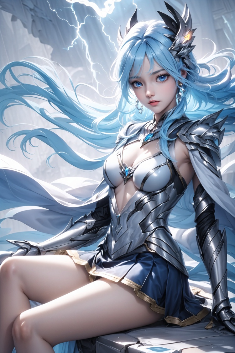 1girl,small breast,{bare knee},best quality,highly detailed,{{masterpiece}},ultra-detailed,illustration,{{{hiten}}},Depth of field,wind lift,very long hair,beautiful detailed eyes,{{{a mechanical arm}}},{surrounded lightning magiccircle},light blue eyes,beautiful detailed eyes,gorgeous, cowboy shot,{looking at viewer},{strong light on body},{{Iridescence hair}},{{{watercolor_(medium)}}},glowing circle pupils,sitting,floating hair,{pleated_skirt},{{{{lightning bolt hair ornament_glowing}}}},blue hair,burningsky,{{tareme}},{{{holding  lightning _glowing_huge}}},lightningeffect,{{detailed electricity surrounded}},{electricity},{Burnoneselfinflames},lightning dark clouds