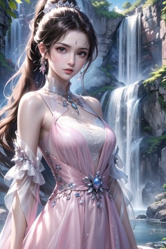  masterpiece,best quality,official art,extremely detailed CG unity 8k wallpaper,1girl,high ponytail, looking at viewer, pov, standing, angry, upper body, waterfall, pink dress,light rays, light particles,