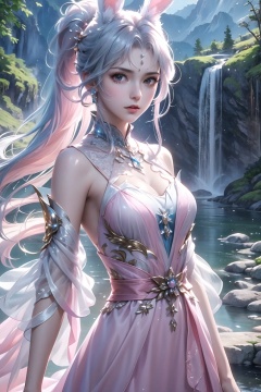  masterpiece,best quality,official art,extremely detailed CG unity 8k wallpaper,1girl,high ponytail, looking at viewer, pov, standing, angry, upper body, waterfall, pink dress,light rays, light particles,Transparent rabbit ears,