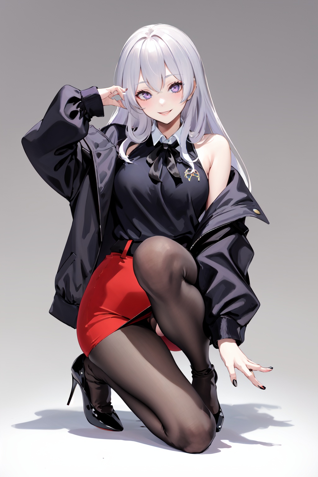 (masterpiece:1.2),best quality,PIXIV,Elaina,white hair,purple eyes,Silly hair,1girl,solo,long hair,pantyhose,skirt,looking at viewer,high heels,smile,black footwear,red skirt,white background,simple background,long sleeves,full body,high-waist skirt,pencil skirt,thigh strap,breasts,jacket,shirt,black jacket,parted lips,<lora:SpiderApple:0.8>,