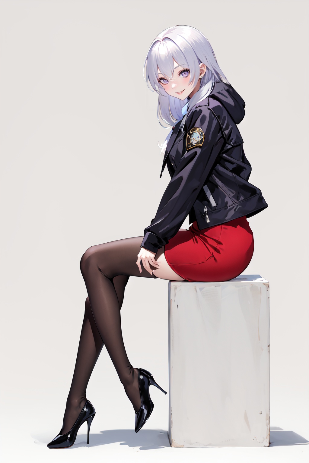 (masterpiece:1.2),best quality,PIXIV,Elaina,white hair,purple eyes,Big dumb hair,1girl,solo,long hair,pantyhose,skirt,looking at viewer,high heels,smile,black footwear,red skirt,white background,simple background,long sleeves,full body,high-waist skirt,pencil skirt,thigh strap,breasts,jacket,shirt,black jacket,parted lips,<lora:SpiderApple:0.8>,