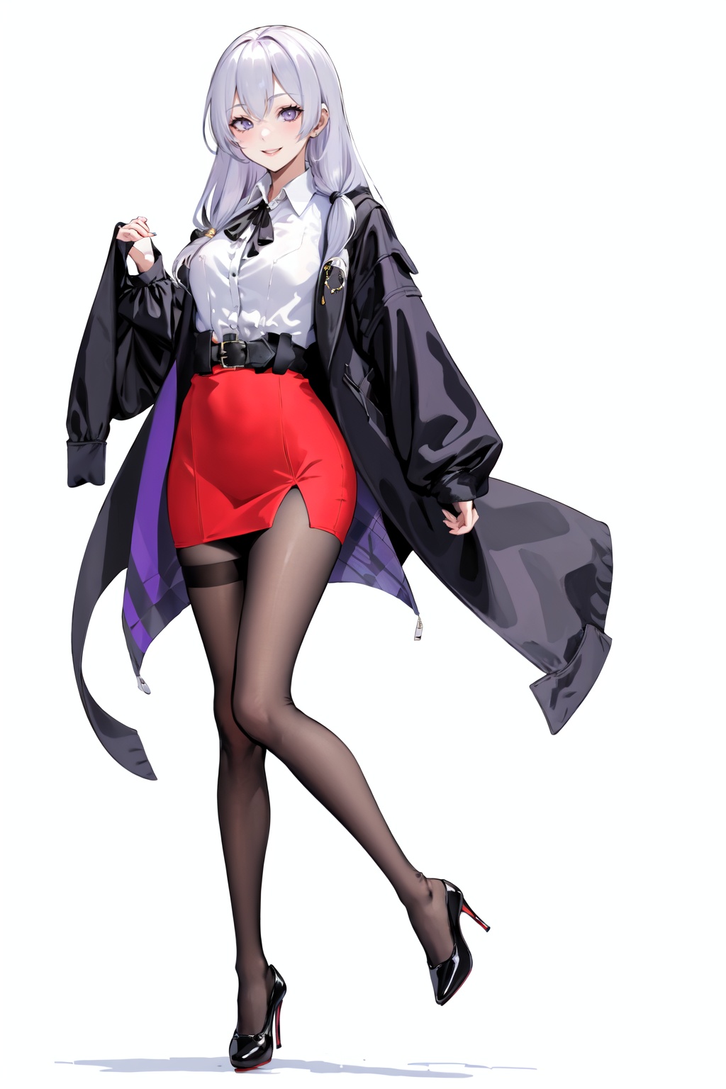 (masterpiece:1.2),best quality,PIXIV,Elaina,white hair,purple eyes,1girl,solo,long hair,pantyhose,skirt,looking at viewer,high heels,smile,black footwear,red skirt,white background,simple background,long sleeves,full body,high-waist skirt,pencil skirt,thigh strap,breasts,jacket,shirt,black jacket,parted lips,<lora:SpiderApple:0.8>,