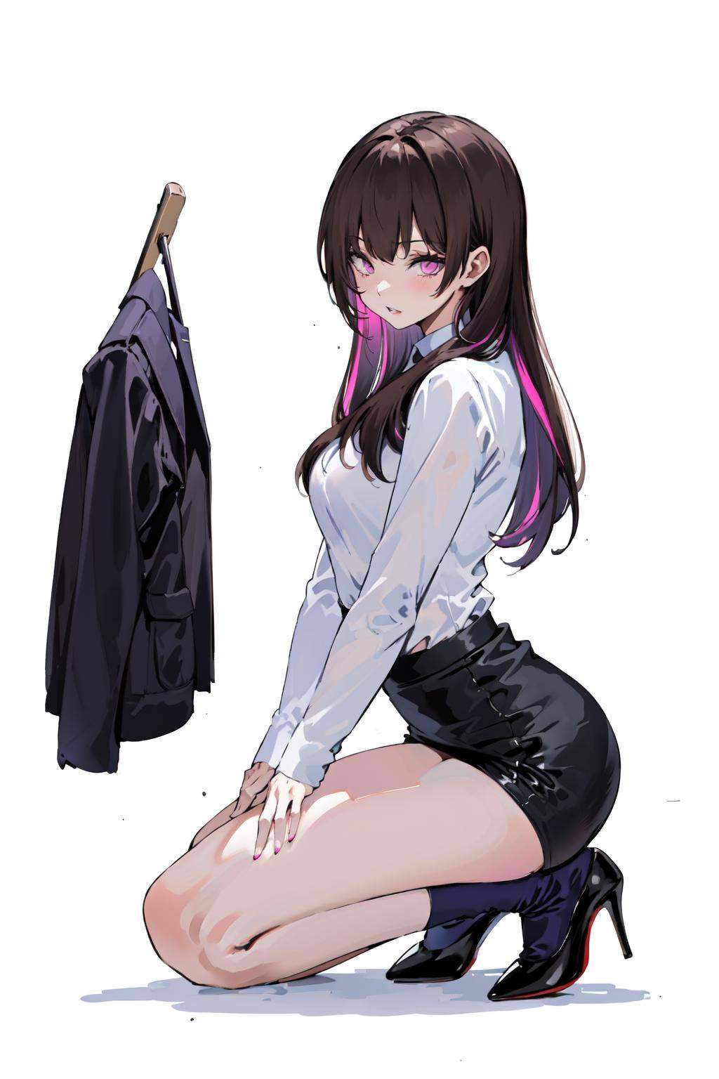-SpiderApple, 1girl, solo, high heels, skirt, black footwear, long hair, white background, long sleeves, looking at viewer, simple background, bangs, shirt, breasts, white shirt, socks, kneeling, black skirt, pencil skirt, from side, kneehighs, multicolored hair, full body, thighs, miniskirt, brown hair, medium breasts, parted lips, pink eyes, black hair, purple eyes, colored inner hair, purple hair, blush<lora:SpiderApple:0.8>,