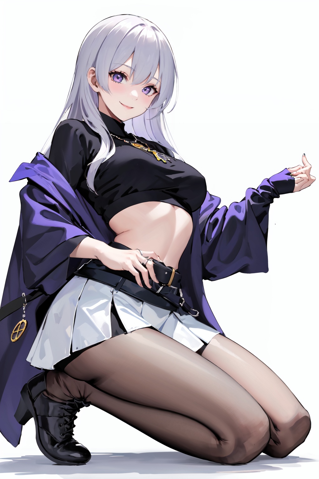 (masterpiece:1.2),best quality,PIXIV,Elaina,white hair,purple eyes,Silly hair,SpiderApple,1girl,solo,pantyhose,skirt,long hair,smile,jewelry,white background,shirt,necklace,looking at viewer,black skirt,blush,simple background,black footwear,black shirt,crop top,long sleeves,midriff,closed mouth,breasts,belt,thighs,miniskirt,ring,<lora:SpiderApple:0.8>,
