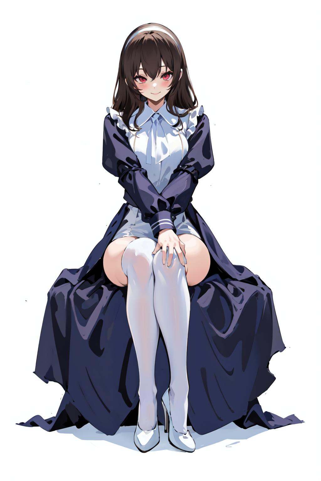 -SpiderApple, 1girl, solo, white thighhighs, thighhighs, white footwear, sitting, red eyes, white background, high heels, dress, looking at viewer, smile, full body, bangs, brown hair, simple background, long sleeves, black dress, crossed legs, long hair, blush, hairband, closed mouth, hair between eyes, white hairband, nun, collared dress, thighs<lora:SpiderApple:0.8>,