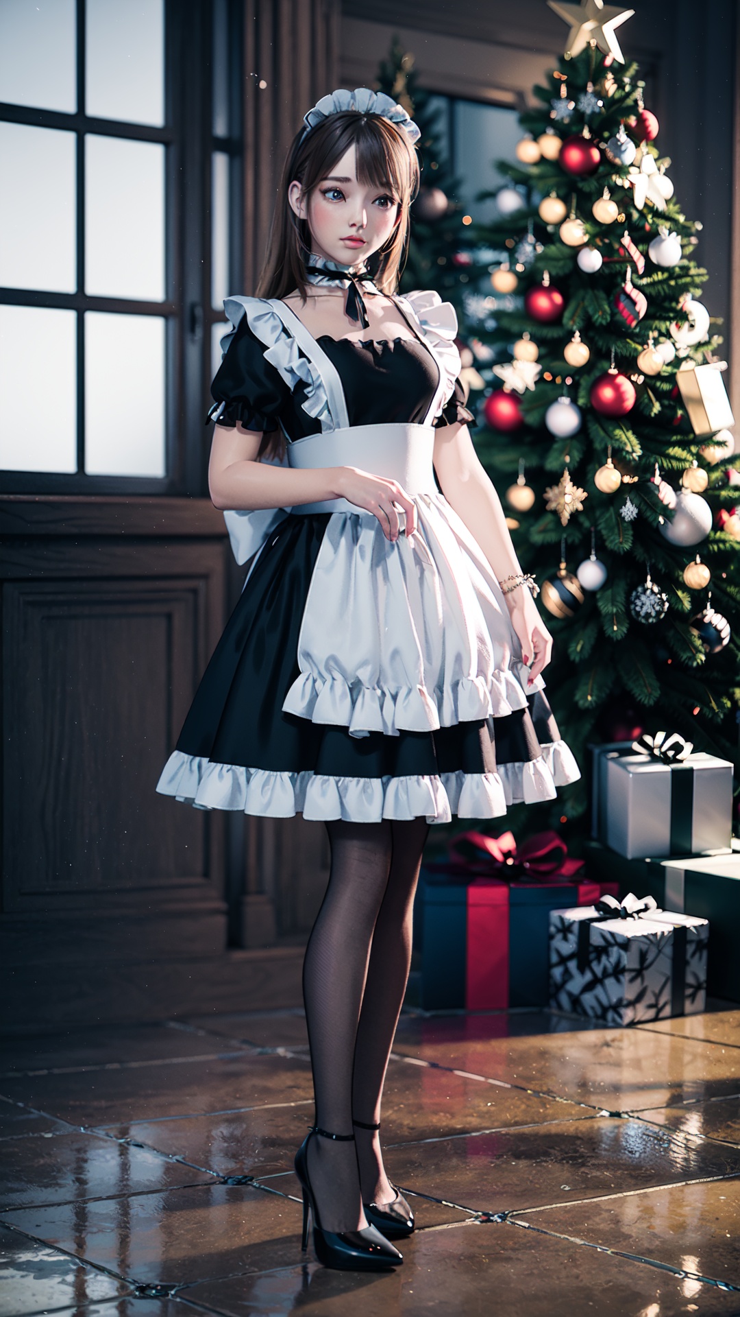  realistic, octane render, 3D CG, 

multiple girls, christmas tree, 2girls, pantyhose, christmas, maid, window, brown hair, gift, apron, box, indoors, christmas ornaments, high heels, black hair, dress, long hair, black dress, black footwear, standing, short sleeves, gift box, looking at another, tiles, maid apron