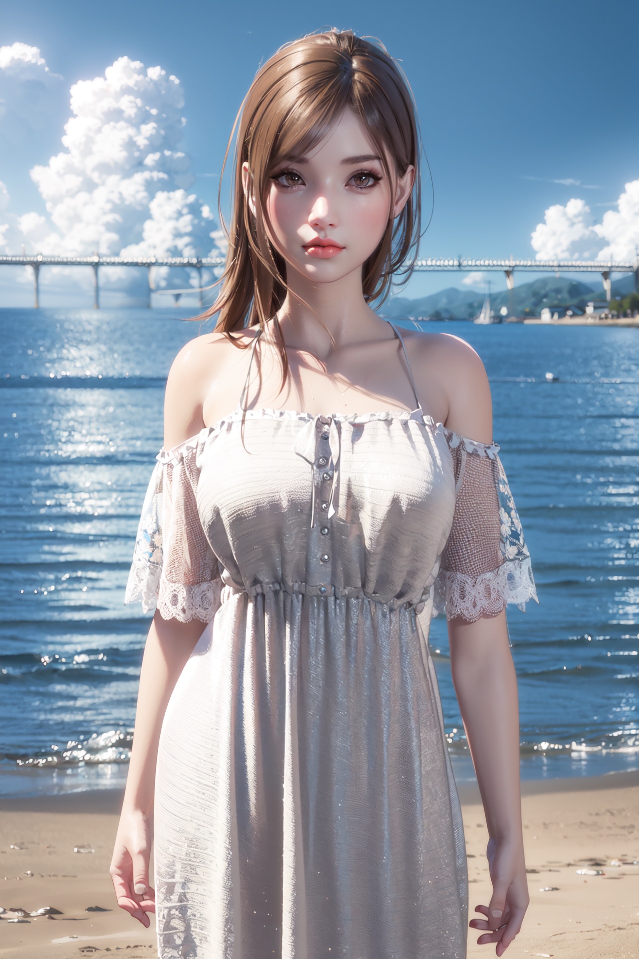  realistic, octane render, 3D CG, 1girl, long hair, solo, dress, outdoors, brown hair, looking at viewer, white dress, ocean, sky, beach, bare shoulders, off-shoulder dress, cloud, day, brown eyes, water, lips