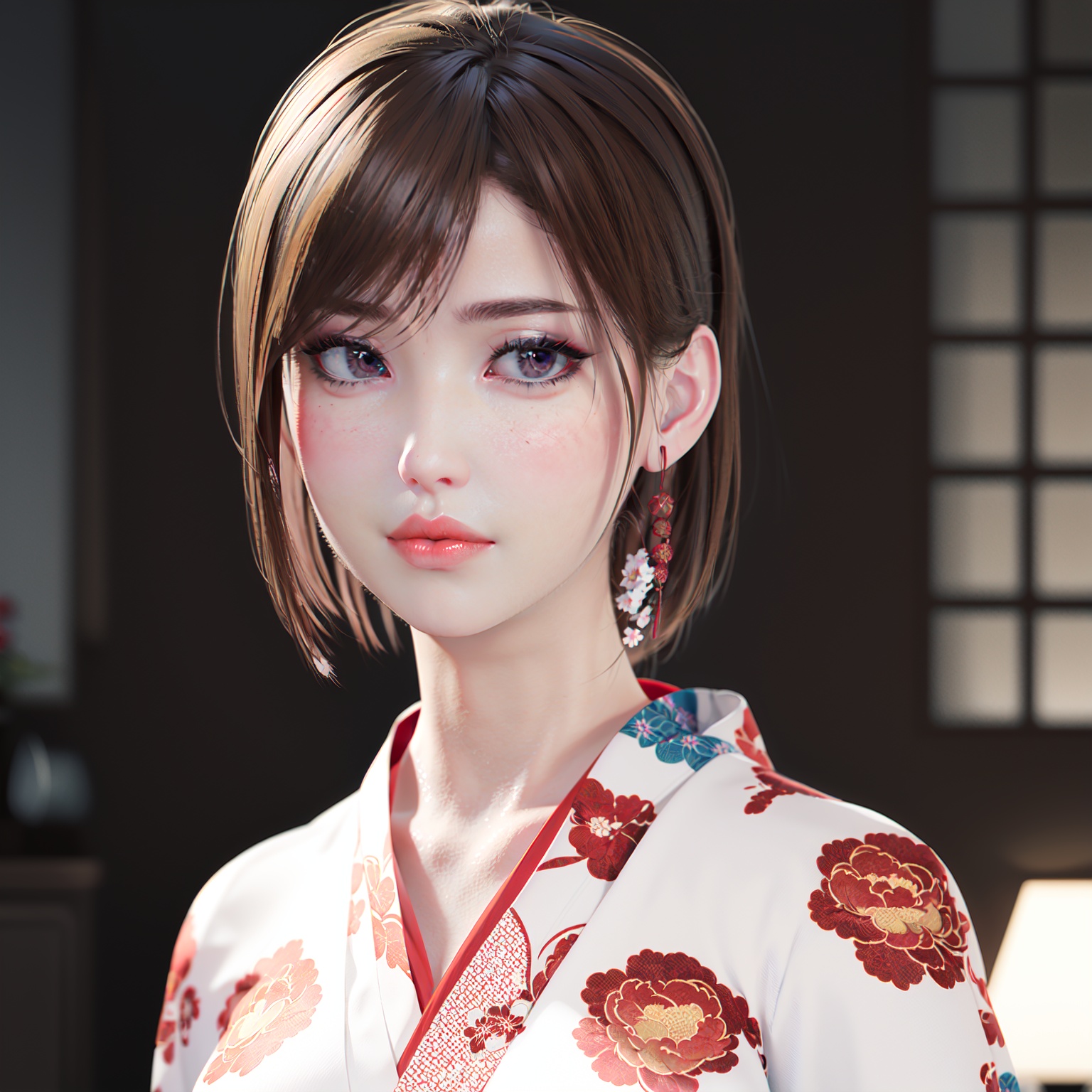  realistic, octane render, 3D CG, 1girl, japanese clothes, solo, kimono, brown hair, realistic, looking at viewer, floral print, lips, blurry