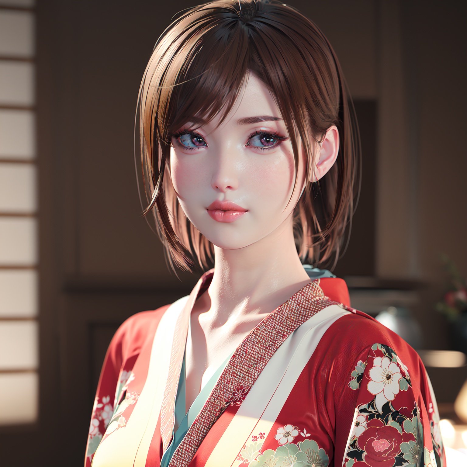  realistic, octane render, 3D CG, 1girl, japanese clothes, solo, kimono, brown hair, realistic, looking at viewer, floral print, lips, blurry