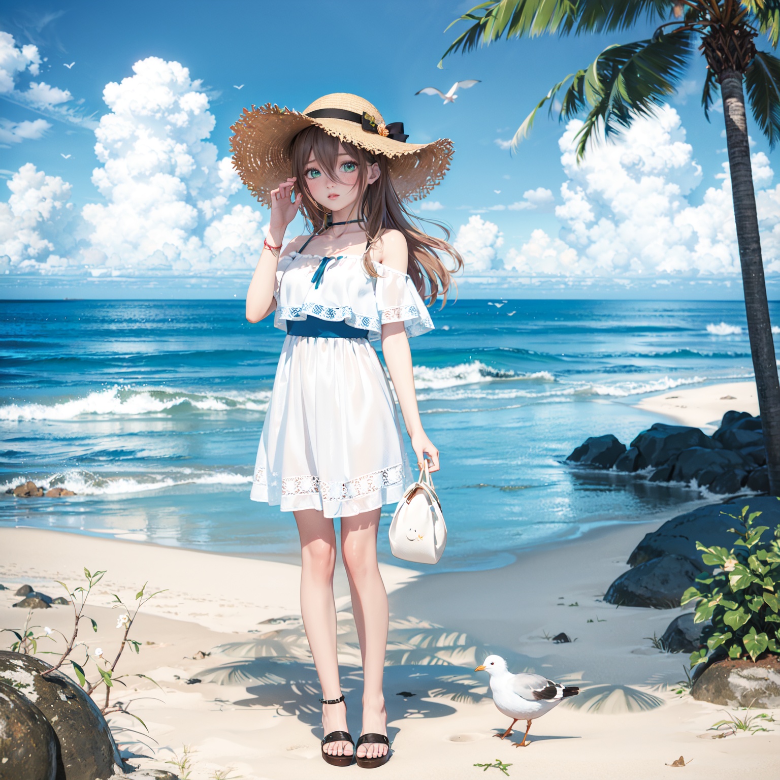realistic, octane render, 3D CG, 1girl, dress, hat, holding shoes, bird, holding, outdoors, solo, long hair, white dress, green eyes, looking at viewer, ocean, beach, holding clothes, off-shoulder dress, water, shoes, bangs, brown hair, sandals, day, seagull, standing, off shoulder, barefoot, shoes removed, blush, hair between eyes, bare shoulders, sandals removed, collarbone, sky, parted lips, sand, sun hat, cloud, waves, breasts