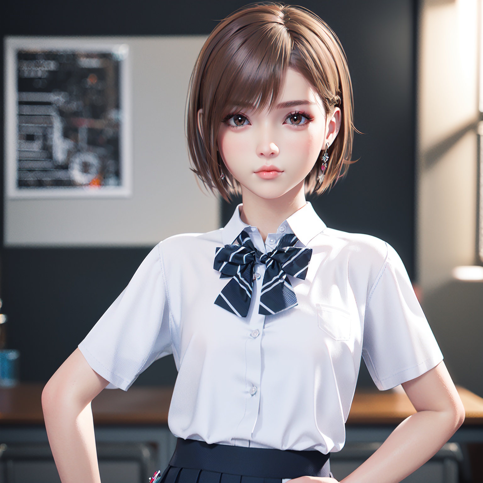 realistic, octane render, 3D CG, 1girl, brown hair, solo, brown eyes, shirt, looking at viewer, bow, hand on hip, braid, short hair, white shirt, jewelry, blurry background, earrings, realistic, blurry, school uniform, short sleeves, bowtie