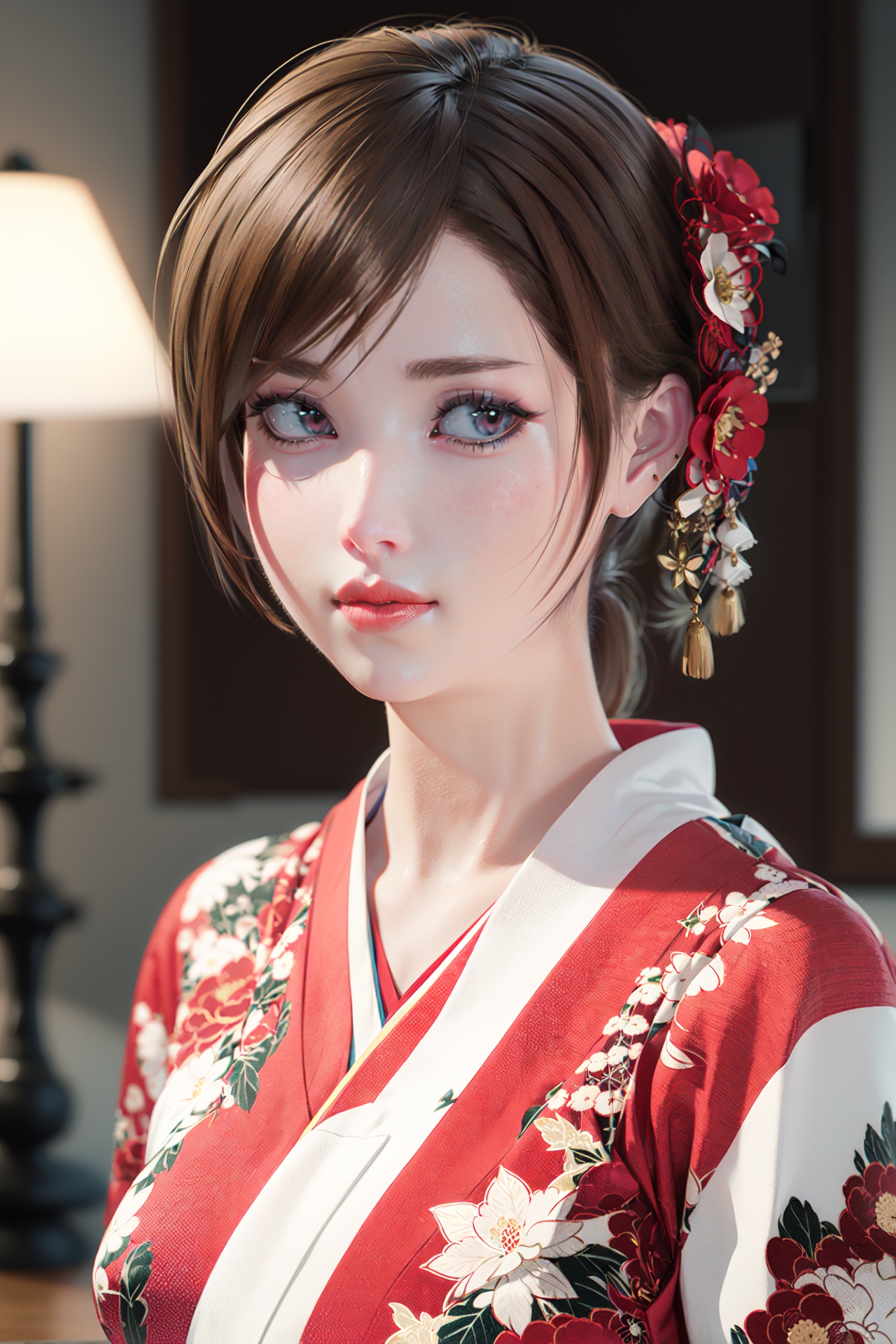 realistic, octane render, 3D CG, 1girl, japanese clothes, solo, kimono, brown hair, realistic, looking at viewer, floral print, lips, blurry