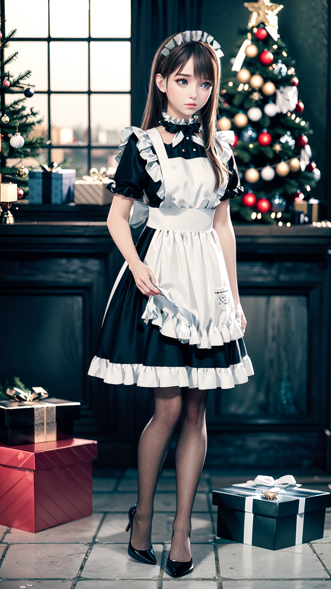  realistic, octane render, 3D CG, 

multiple girls, christmas tree, 2girls, pantyhose, christmas, maid, window, brown hair, gift, apron, box, indoors, christmas ornaments, high heels, black hair, dress, long hair, black dress, black footwear, standing, short sleeves, gift box, looking at another, tiles, maid apron