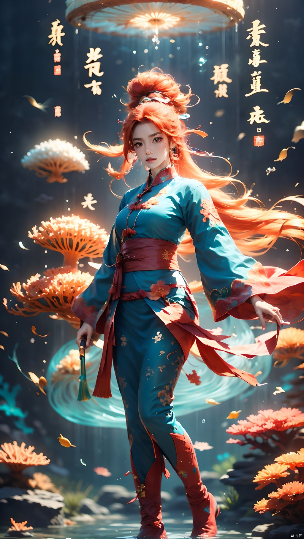Coral Girl, a woman wearing blue and orange clothing standing in front of a coral reef, 1 girl, fiery red hair, full body, jewelry, long hair, makeup, orange hair, solo, standing, water, floating coral behind, super many corals, dynamic posture, floating hair, Wen Dao Sheng Zun, Multi energy text,Energy pairing,Glowing Text,Transparent text,The Energy Behind Chinese Characters 