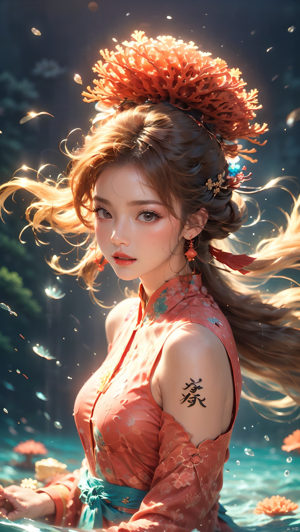  Coral Girl, a woman wearing a headscarf and a bouquet of coral on her head surrounded by water, 1 girl, Hanfu, bubbles, blue eyes, bubbles, earrings, floating hair, exaggerated coral hair, close-up, jewelry, coral on her body, floating hair, lips, lipstick, long hair, makeup, parted lips, red lips, solo, underwater, upper body, water, water, super many corals, dynamic posture, floating hair, Wen Dao Sheng Zun, Multi energy text,Energy pairing,Glowing Text,Transparent text,The Energy Behind Chinese Characters