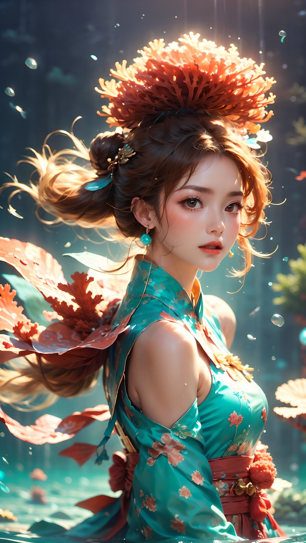  Coral Girl, a woman wearing a headscarf and a bouquet of coral on her head surrounded by water, 1 girl, Hanfu, bubbles, blue eyes, bubbles, earrings, floating hair, exaggerated coral hair, close-up, jewelry, coral on her body, floating hair, lips, lipstick, long hair, makeup, parted lips, red lips, solo, underwater, upper body, water, water, super many corals, dynamic posture, floating hair, Wen Dao Sheng Zun, Multi energy text,Energy pairing,Glowing Text,Transparent text,The Energy Behind Chinese Characters