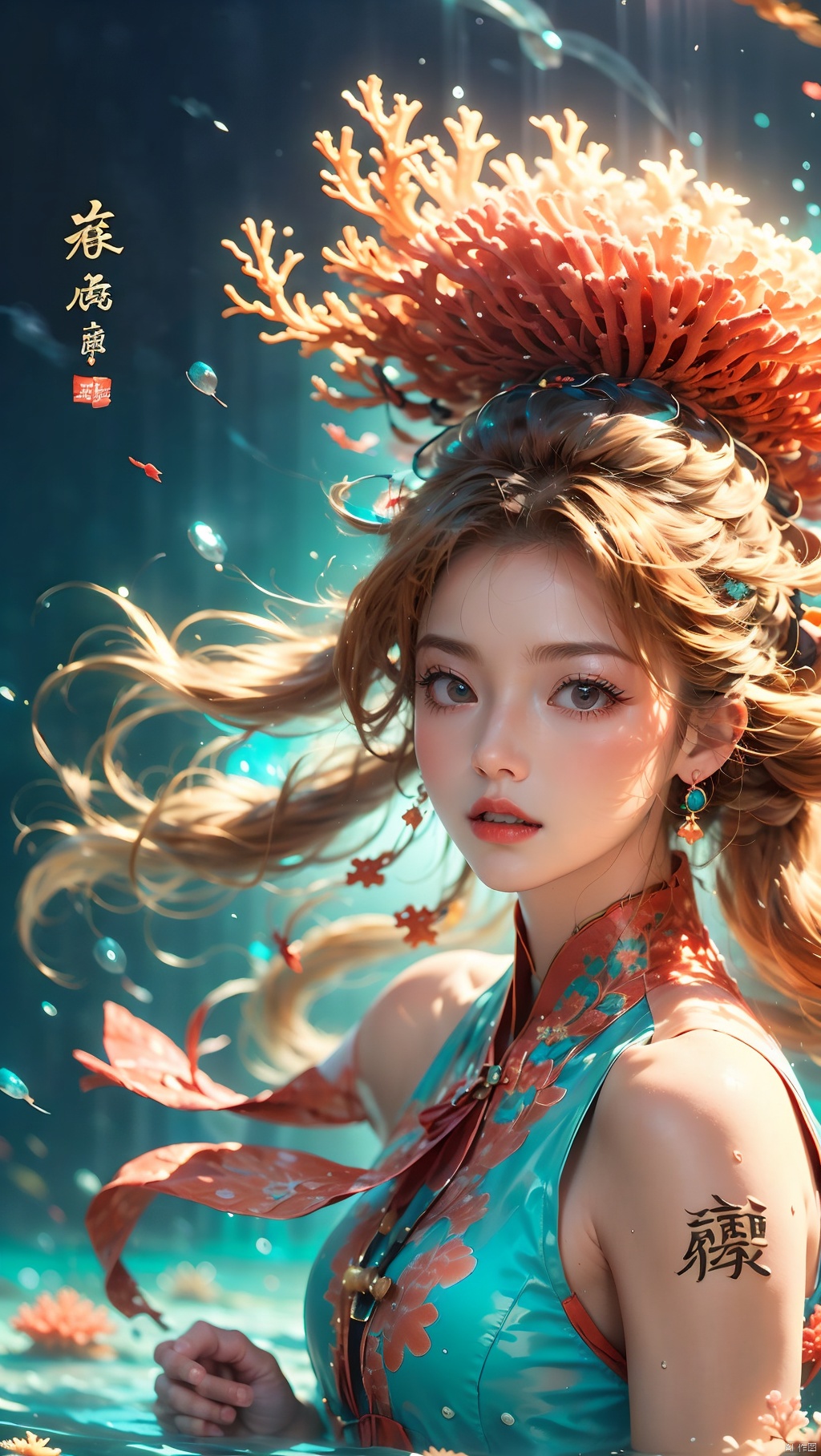  Coral Girl, a woman wearing a headscarf and a bouquet of coral on her head surrounded by water, 1 girl, Hanfu, bubbles, blue eyes, bubbles, earrings, floating hair, exaggerated coral hair, close-up, jewelry, coral on her body, floating hair, lips, lipstick, long hair, makeup, parted lips, red lips, solo, underwater, upper body, water, water, super many corals, dynamic posture, floating hair, Wen Dao Sheng Zun, Multi energy text,Energy pairing,Glowing Text,Transparent text,The Energy Behind Chinese Characters