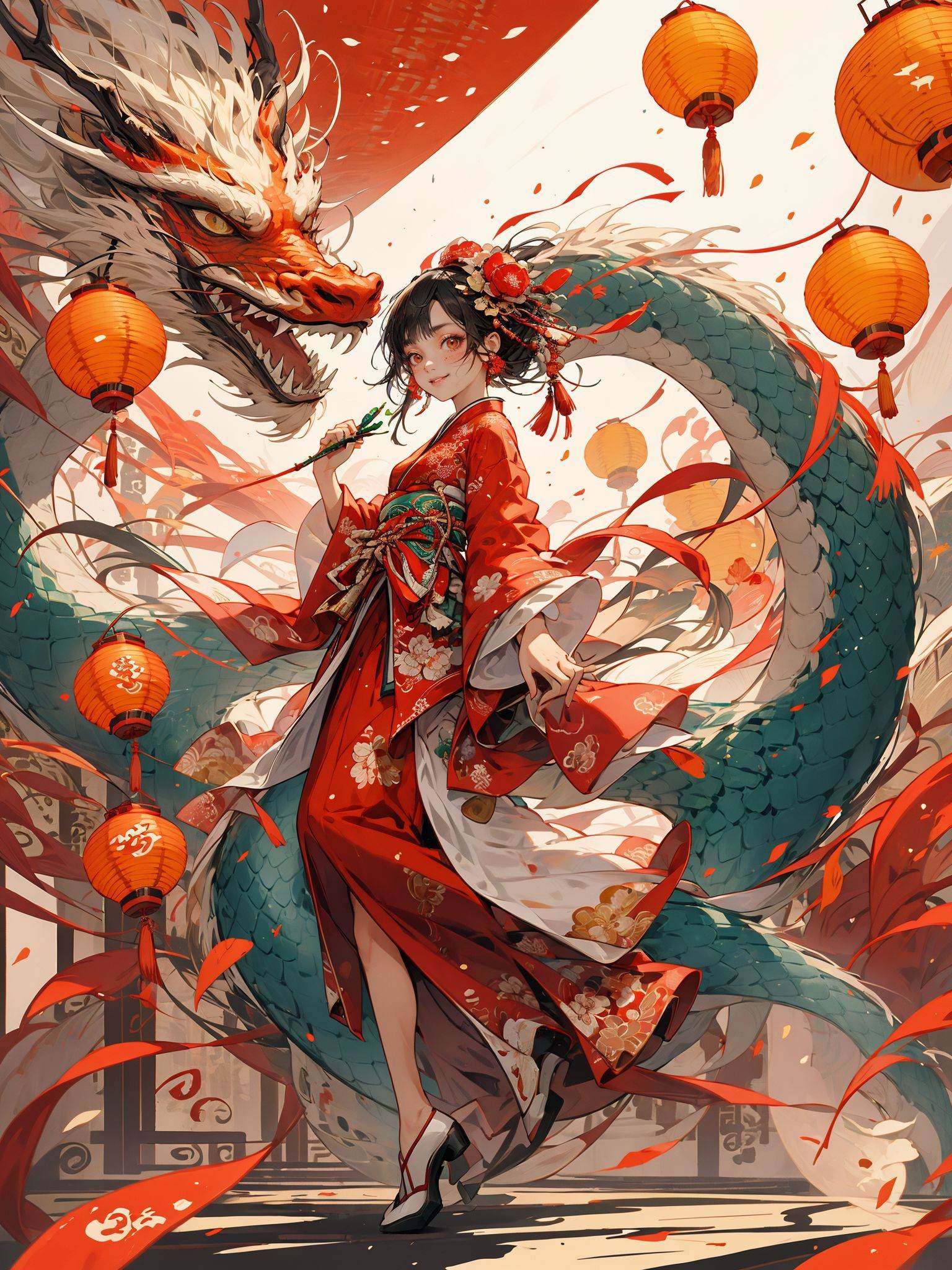 ink,HEZI,Chinese New Year elements,Oriental Dragon and Maiden,Chinese Knot,wallpaper,HD,flat illustration,flat illustration,best quality,masterpiece,(Lanterns in the background:1.5),looking at viewer,female focus,black hair,red skirt,Hanfu,profile,Night Market,brightly lit,white shoes,wide shot,color guide,simple background,full body,negative_hand,Up view,close up,happy and runing,Smile,delicate facial features,red background,a small number of red lanterns,Chinese elements with firecrackers around and fireworks in the background,<lora:龙与少女-000013:0.6>,