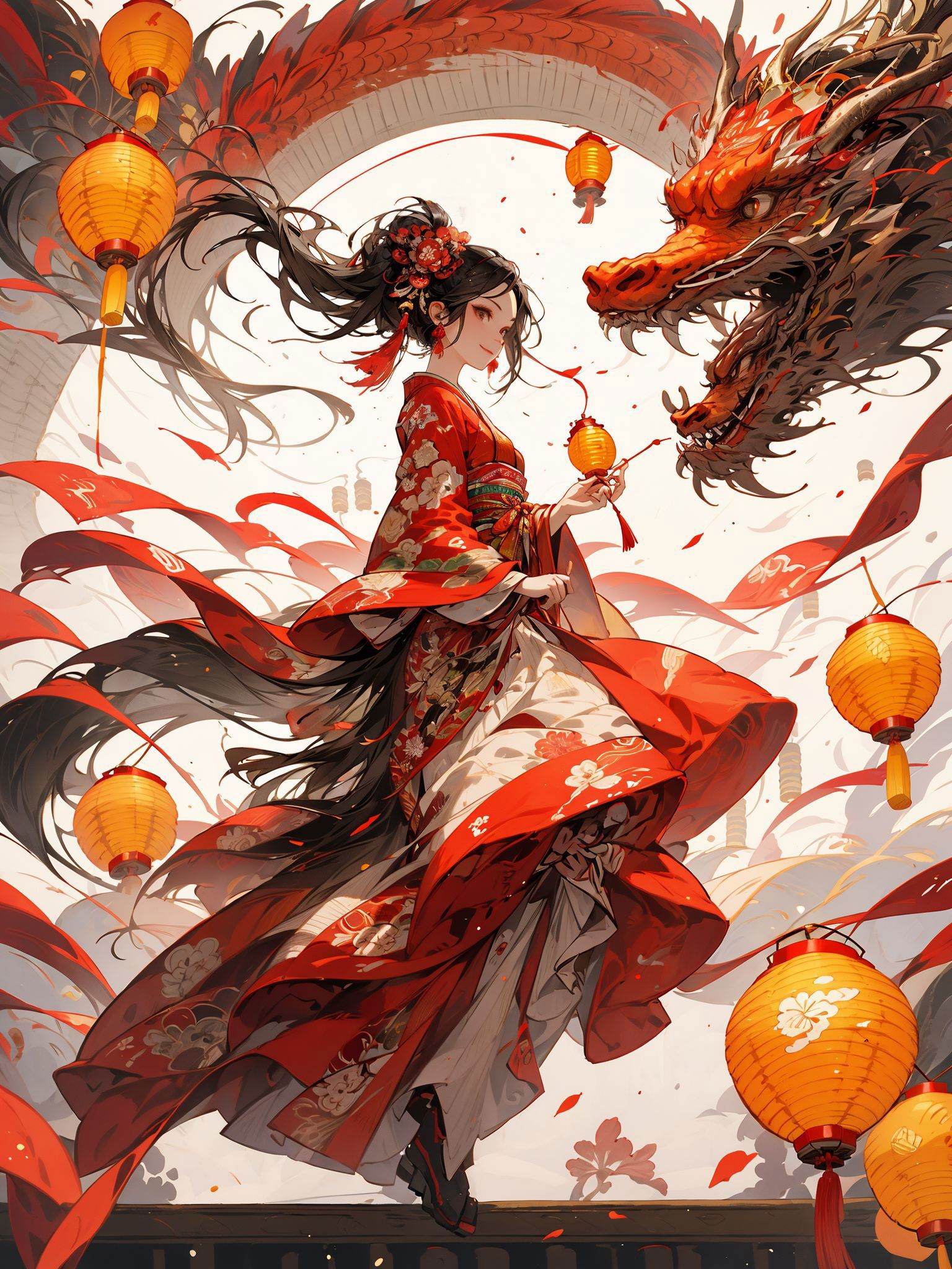 ink,HEZI,Chinese New Year elements,Oriental Dragon and Maiden,Chinese Knot,wallpaper,HD,flat illustration,flat illustration,best quality,masterpiece,(Lanterns in the background:1.5),looking at viewer,female focus,black hair,red skirt,Hanfu,profile,Night Market,brightly lit,white shoes,wide shot,color guide,simple background,full body,negative_hand,Up view,close up,happy and runing,Smile,delicate facial features,red background,a small number of red lanterns,Chinese elements with firecrackers around and fireworks in the background,<lora:龙与少女-000013:0.6>,