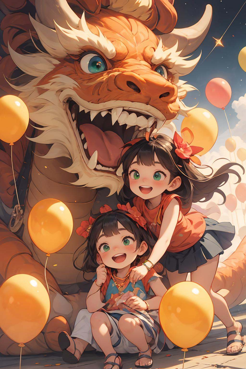 HEZI,LOL,\\\(lol style\\\),game cg,tongue,heterochromia,tongue out,long hair,jewelry,green eyes,multicolored hair,bracelet,necklace,orange hair,bangs,blonde hair,:p,sparkle,multiple girls,gem,blue eyes,2girls,two-tone hair,animal,smile,shorts,pants,bare shoulders,star \(sky\),shirt,1girl,shiny,shiny hair,shoes,dragon,looking at another,green shirt,scarf,outdoors,bare arms,space,crop top,pendant,skirt,magic,mouse,starry sky,weapon,floating,sky,sandals,falling,open mouth,glowing,<lora:LOL巨神峰_天界(8bit)2-000018:0.6>,<lora:过年喽!(龙年儿童插画）-000008:0.4>,