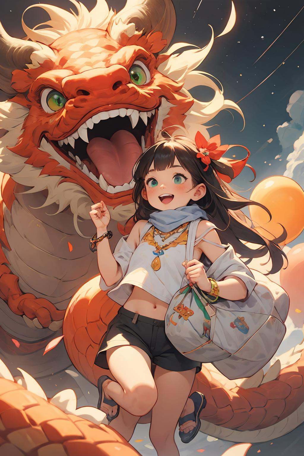 HEZI,LOL,\\\(lol style\\\),game cg,tongue,heterochromia,tongue out,long hair,jewelry,green eyes,multicolored hair,bracelet,necklace,orange hair,bangs,blonde hair,:p,sparkle,multiple girls,gem,blue eyes,2girls,two-tone hair,animal,smile,shorts,pants,bare shoulders,star \(sky\),shirt,1girl,shiny,shiny hair,shoes,dragon,looking at another,green shirt,scarf,outdoors,bare arms,space,crop top,pendant,skirt,magic,mouse,starry sky,weapon,floating,sky,sandals,falling,open mouth,glowing,<lora:LOL巨神峰_天界(8bit)2-000018:0.6>,<lora:过年喽!(龙年儿童插画）-000008:0.4>,