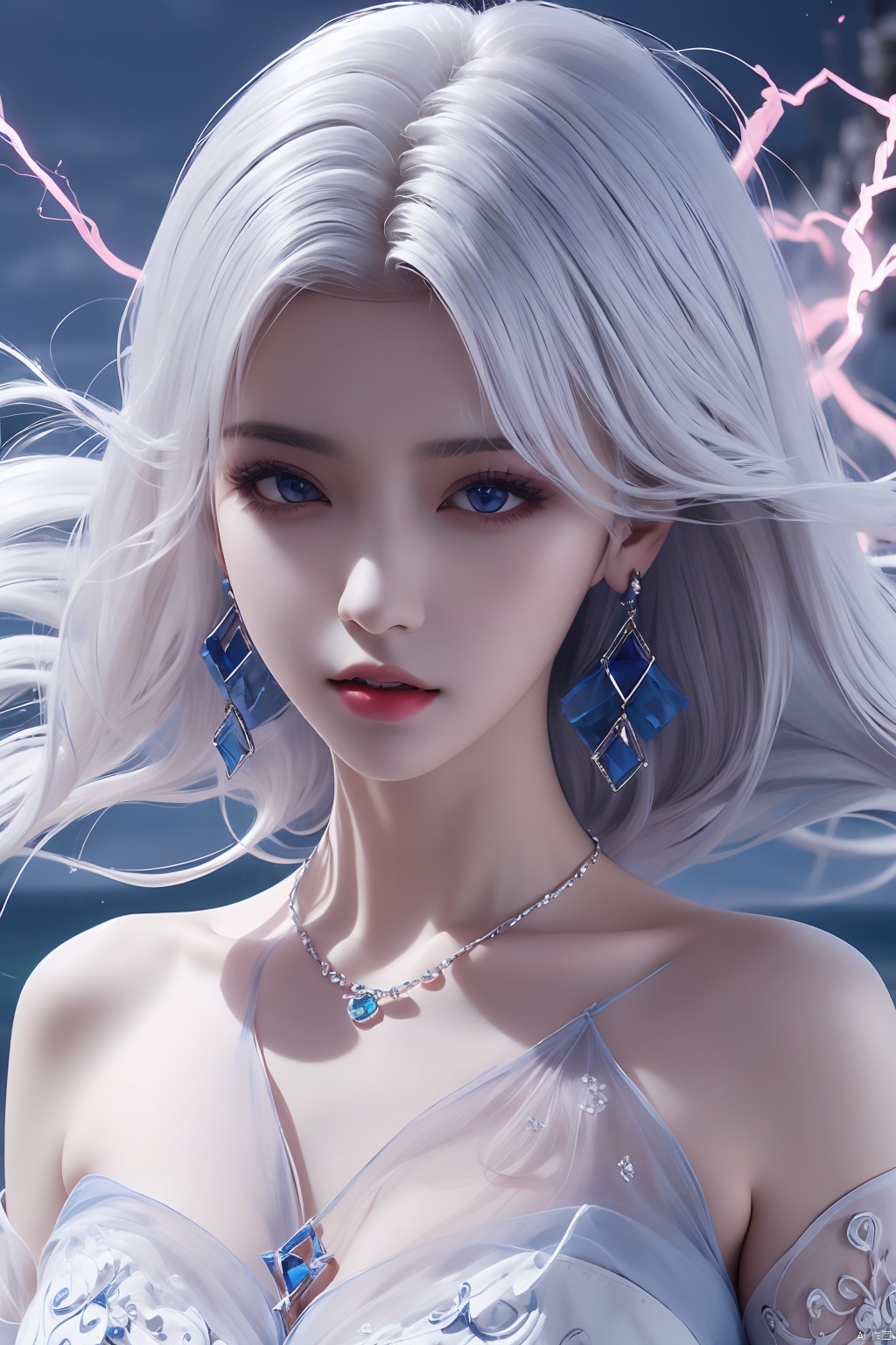 1girl, Bangs,  off shoulder,  (white hair),  blue dress,  blue eyes,  chest,  earrings,  dress,  earrings,  floating hair,  jewelry,  sleeveless,  short hair, Looking at the observer,  parted lips,  pierced, energy, electricity, magic, 1girl,  cuihua,  xiaoyixian,<lora:EMS-80191-EMS:0.300000>,<lora:EMS-95298-EMS:0.300000>,<lora:EMS-229877-EMS:0.800000>