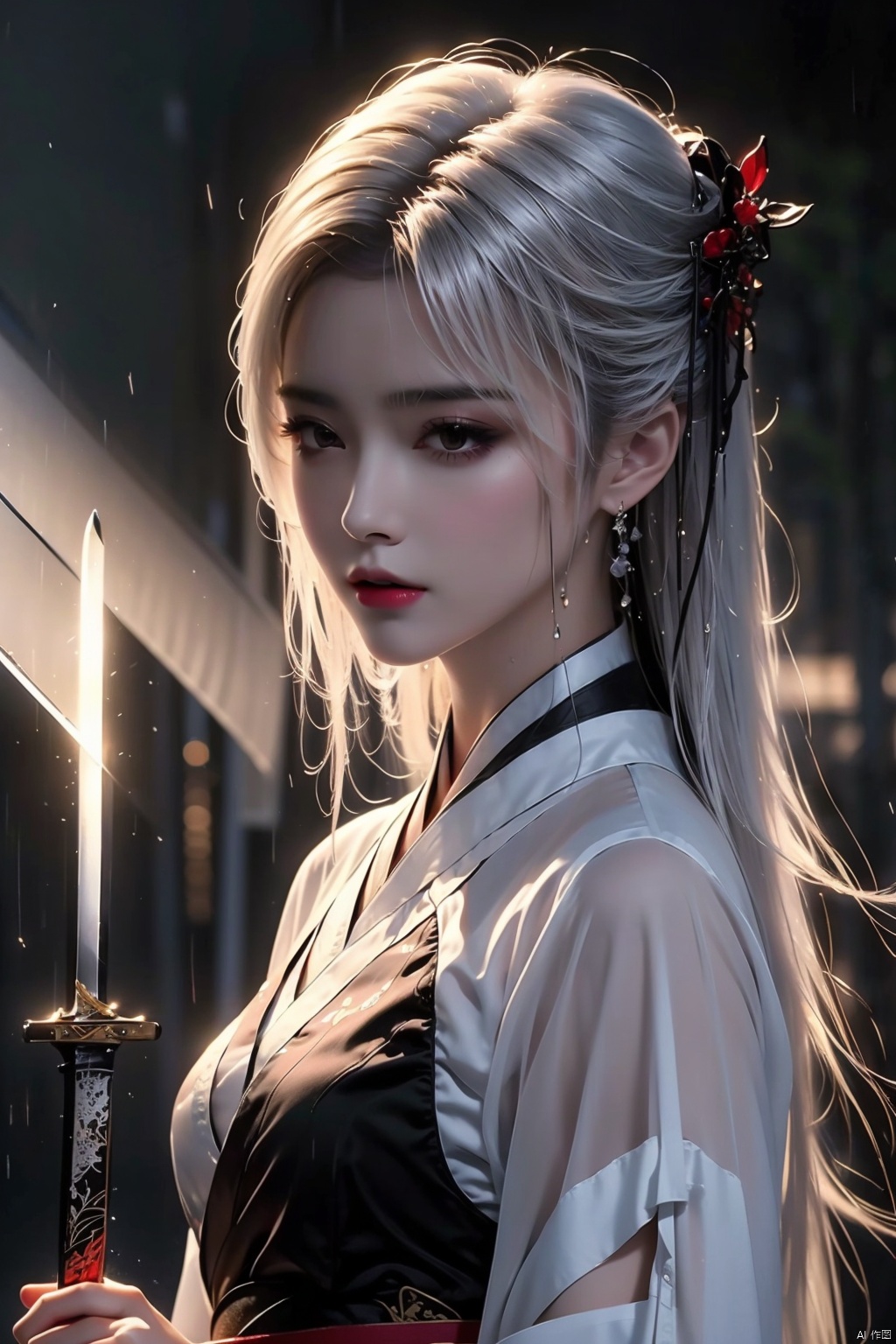 Cool theme,  masterpiece,  Cowboy lens,  A girl,  solo,  Bare face,  Exquisite features,  Lengyan,  female focus,  A perfect figure,  Long white hair: 1.5,  (Black-Hanfu-kimono）,  ((sword in hand)),  Splash: 1.3,  In the rain: 1.3,  fine gloss,  Black Background: 1.5,  splash water,  Contour light on the face,  god rays,  ray tracing,  reflection light,  anaglyph,  motion blur,  cinematic lighting,  motion lines,  Depth of field,  Hyperrealism,  8K,  best quality,  textured skin,  1080P,  ccurate,  HD,  high quality,  high details,<lora:EMS-278642-EMS:0.200000>,<lora:EMS-254762-EMS:0.600000>,<lora:EMS-229877-EMS:0.800000>