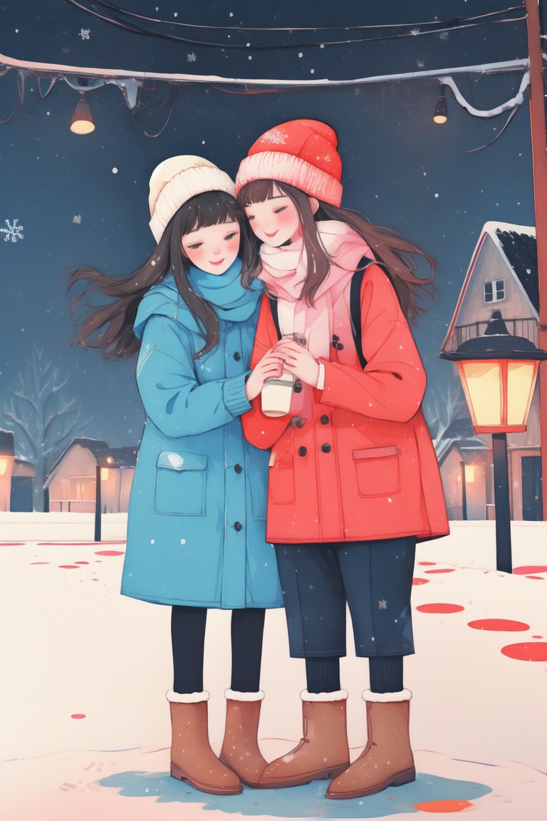  (Encounter in the Snow:1.5), (Emotional Reunion),(Snowflakes Falling),(Longing and Yearning),(Winter Wonderland Setting),(Cozy Atmosphere),(Heartfelt Emotions),(Subtle Snowfall),(Soft Glowing Streetlights),(Warm Hugs Anticipated),(Chilled Air with Romance),(Snow-Covered Streets),(Expression of Affection),(Desire for Connection),(Intimate Conversation Awaits),(Magical Winter Scene),(Yearning for Beloved Company),(Whispers of Love in the Snow),(Creating Memories in the Cold),flat,