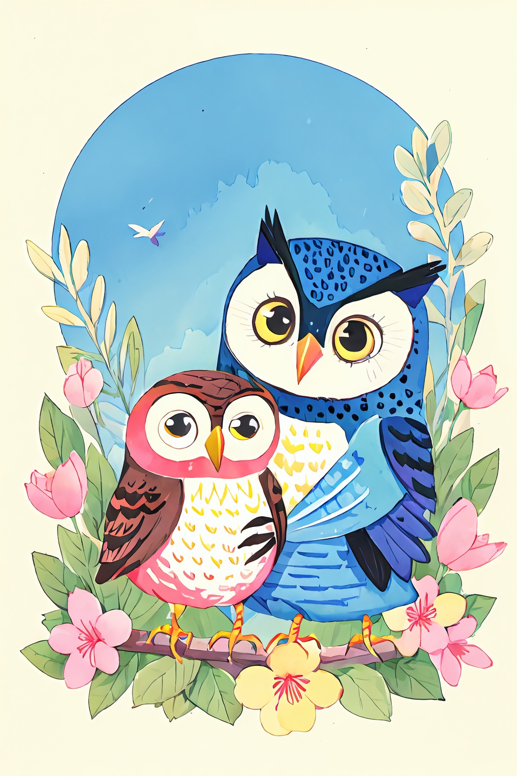  The image features a colorful owl with large, round glasses, standing tall and holding a smaller, baby owl in its wing. The owl's feathers are a mix of bright colors, including blue, green, yellow, and orange. The owl's eyes are large and round, with a warm, inviting expression. The owl's posture suggests a sense of pride and protectiveness, as if it is guarding its young. The lighting in the image is soft and diffused, creating a gentle and comforting atmosphere. The colors in the image are vibrant and lively, with the owl's feathers reflecting a range of hues. The style of the image is whimsical and charming, with a touch of nostalgia. The quality of the image is excellent, with clear details and a sharp focus on the subjects. The owl's expression and posture convey a sense of warmth and affection, as if it is nurturing and caring for its young. Overall, this image is a beautiful and heartwarming portrayal of the bond between a parent and its offspring. The owl's protectiveness and affection are evident in its posture and expression, making it a powerful and emotional image.