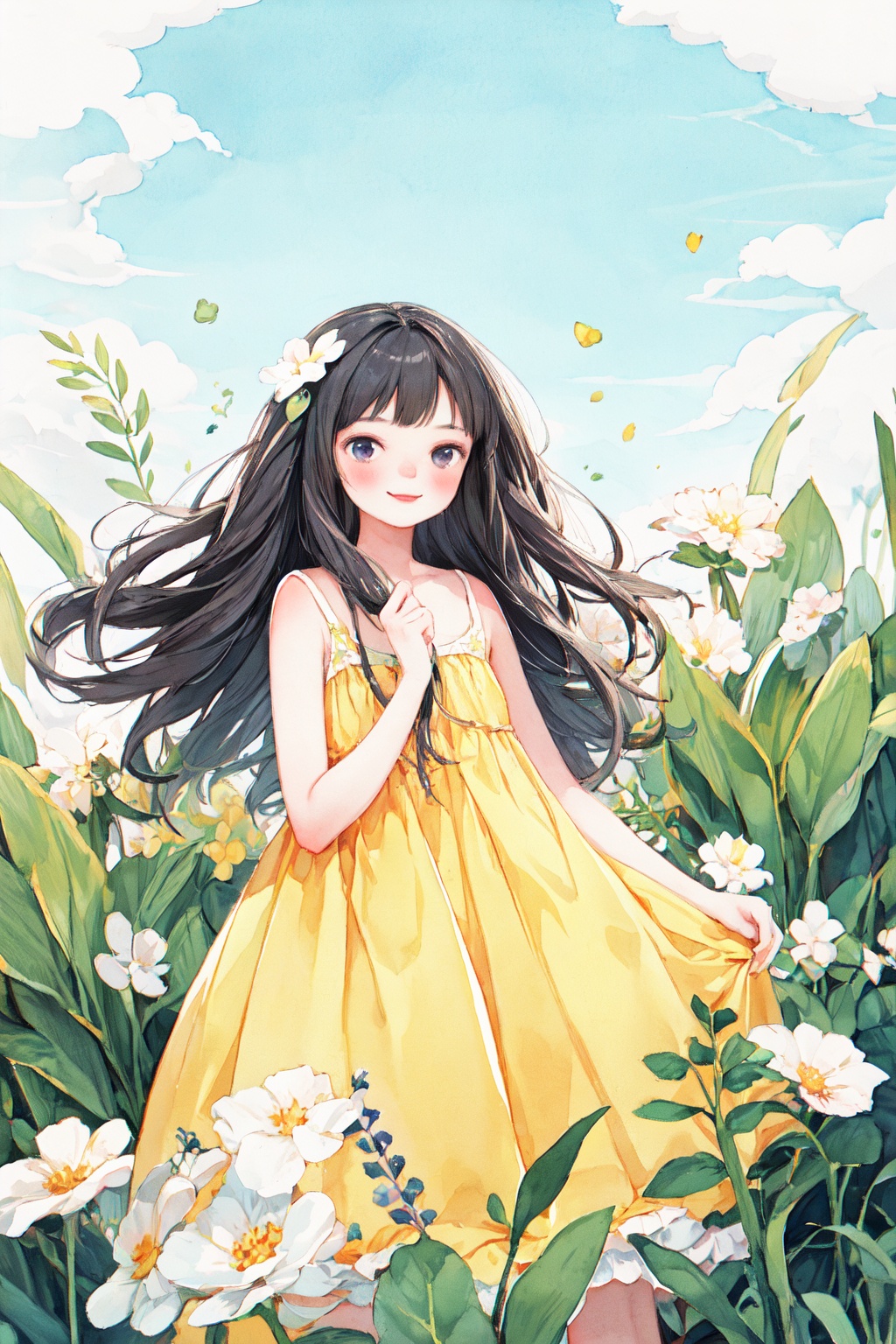  Upon examining the image, I would describe it as a beautiful watercolor painting that captures a serene and idyllic scene. The young girl in the yellow dress stands out against the backdrop of a field of bright pink flowers, creating a striking contrast of colors. The light in the painting is soft and diffused, creating a sense of warmth and tranquility. The colors used in the painting are vibrant and bold, making the image feel lively and dynamic. The style of the painting is whimsical and dreamy, evoking a sense of wonder and imagination. The quality of the painting is excellent, with meticulous attention to detail in the girl's dress, the flowers, and the overall composition of the scene. The emotions conveyed in the painting are peaceful and joyful, as if the girl is enjoying a moment of pure happiness in the midst of nature. Overall, this is a beautiful and captivating painting that captures the essence of innocence, beauty, and joy.
