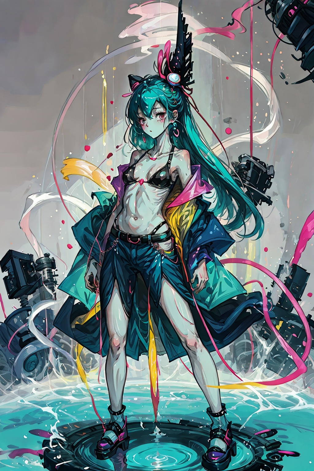 A girl,  a female anime character is wearing futuristic and shoes,  in the style of psychedelic neon on Tensor.Art
