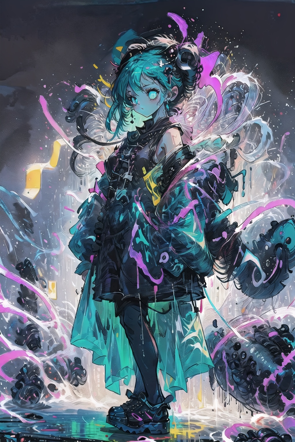  A girl,a female anime character is wearing futuristic and shoes, in the style of psychedelic neon, nintencore, skottie young, light pink and light black, kidcore, dark white and dark cyan, colorful chaos, sifang, BJ_Violent_graffiti, CJ-BWD, pop style