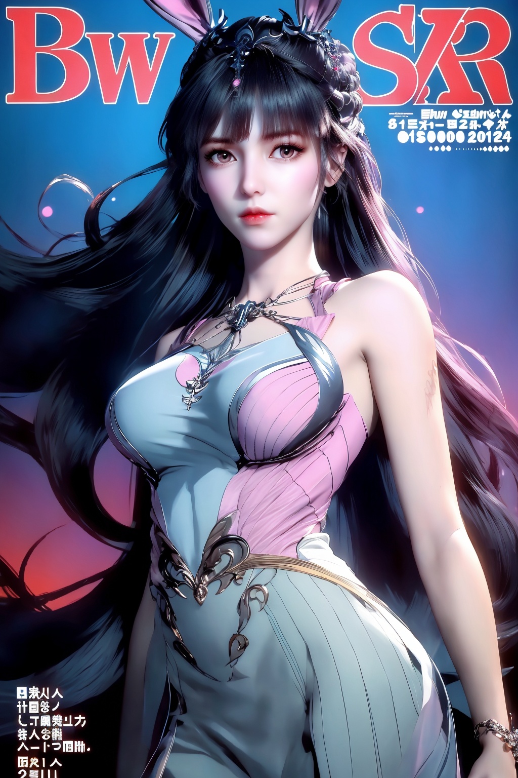 (8k, RAW photo, best quality, masterpiece:1.2),hatching (texture),skin gloss,light persona,(high detailed skin),glossy skin,contrapposto,female focus,model,(hot:0.7),sexy,fine fabric emphasis,wall paper,fashion,Lipstick,depth of field,(Magazine cover-style illustration of a fashionable woman),posing in front of a colorful and dynamic background.  (((The text on the cover should be bold and attention-grabbing, with the title of the magazine and a catchy headline))),1girl,solo,very long hair,rabbit ears,animal ears,bare shoulders,pink_dress,white_dress,long dress,red_eyes,white pantyhose,xwhd,looking at viewer,<lora:1030xw:0.8>,<lora:s_20230805204449:0.8>,<lora:1111白皙质感:0.5>,