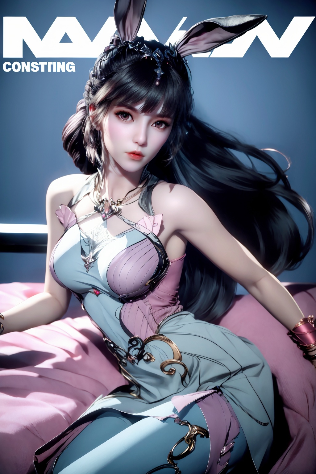 (8k, RAW photo, best quality, masterpiece:1.2),hatching (texture),skin gloss,light persona,(high detailed skin),glossy skin,contrapposto,female focus,model,(hot:0.7),sexy,fine fabric emphasis,wall paper,fashion,Lipstick,depth of field,(Magazine cover-style illustration of a fashionable woman),posing in front of a colorful and dynamic background.  (((The text on the cover should be bold and attention-grabbing, with the title of the magazine and a catchy headline))),1girl,solo,very long hair,rabbit ears,animal ears,bare shoulders,pink_dress,white_dress,long dress,red_eyes,white pantyhose,xwhd,looking at viewer,<lora:1030xw:0.8>,<lora:s_20230805204449:0.8>,<lora:1111白皙质感:0.5>,