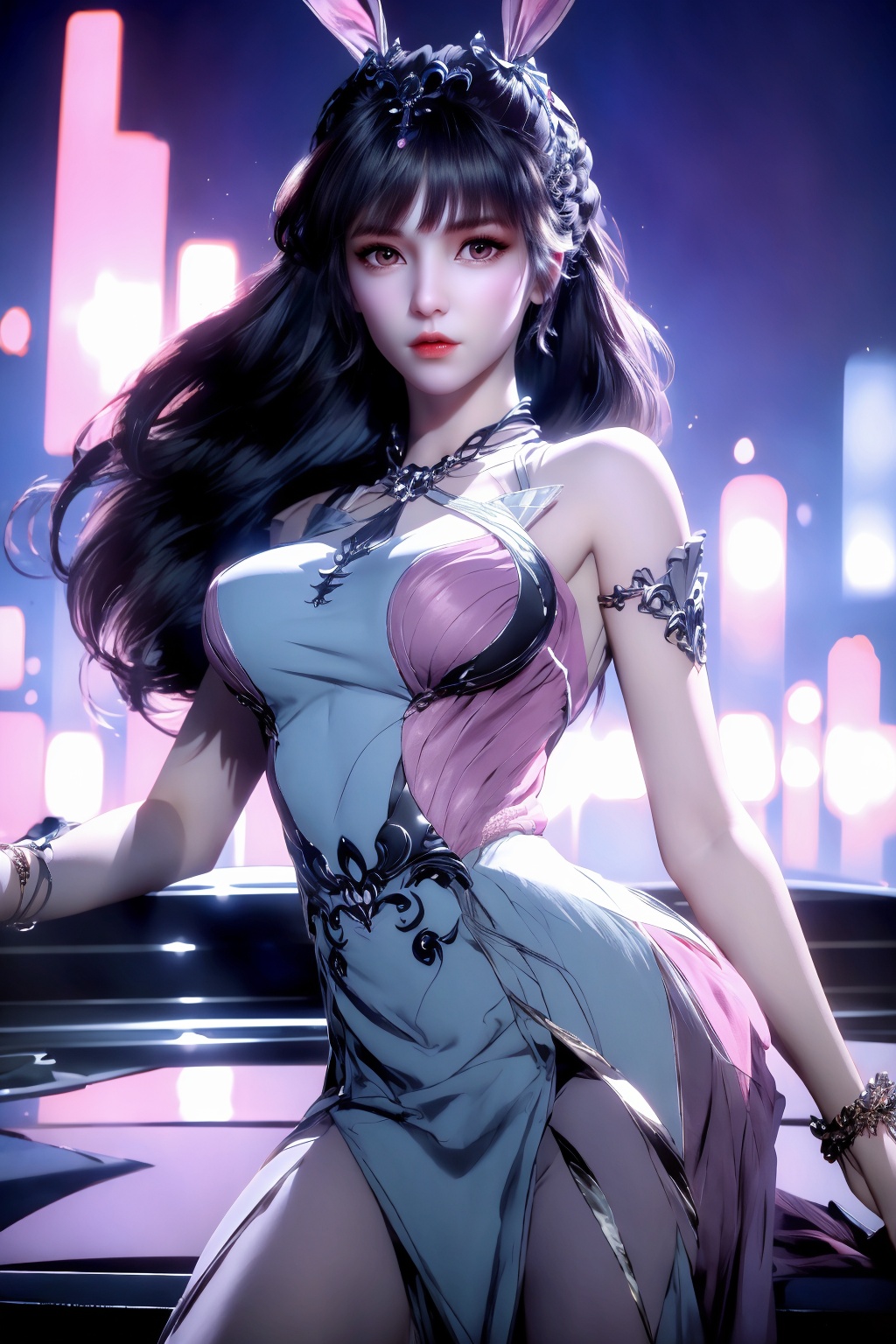 (8k, RAW photo, best quality, masterpiece:1.2),hatching (texture),skin gloss,light persona,(high detailed skin),glossy skin,contrapposto,female focus,model,(hot:0.7),sexy,fine fabric emphasis,wall paper,fashion,Lipstick,depth of field,(Magazine cover-style illustration of a fashionable woman),posing in front of a colorful and dynamic background.  (((The text on the cover should be bold and attention-grabbing, with the title of the magazine and a catchy headline))),1girl,solo,very long hair,rabbit ears,animal ears,bare shoulders,pink_dress,white_dress,long dress,red_eyes,white pantyhose,xwhd,looking at viewer,<lora:1030xw:0.8>,<lora:s_20230805204449:0.8>,<lora:1111白皙质感:0.5>,