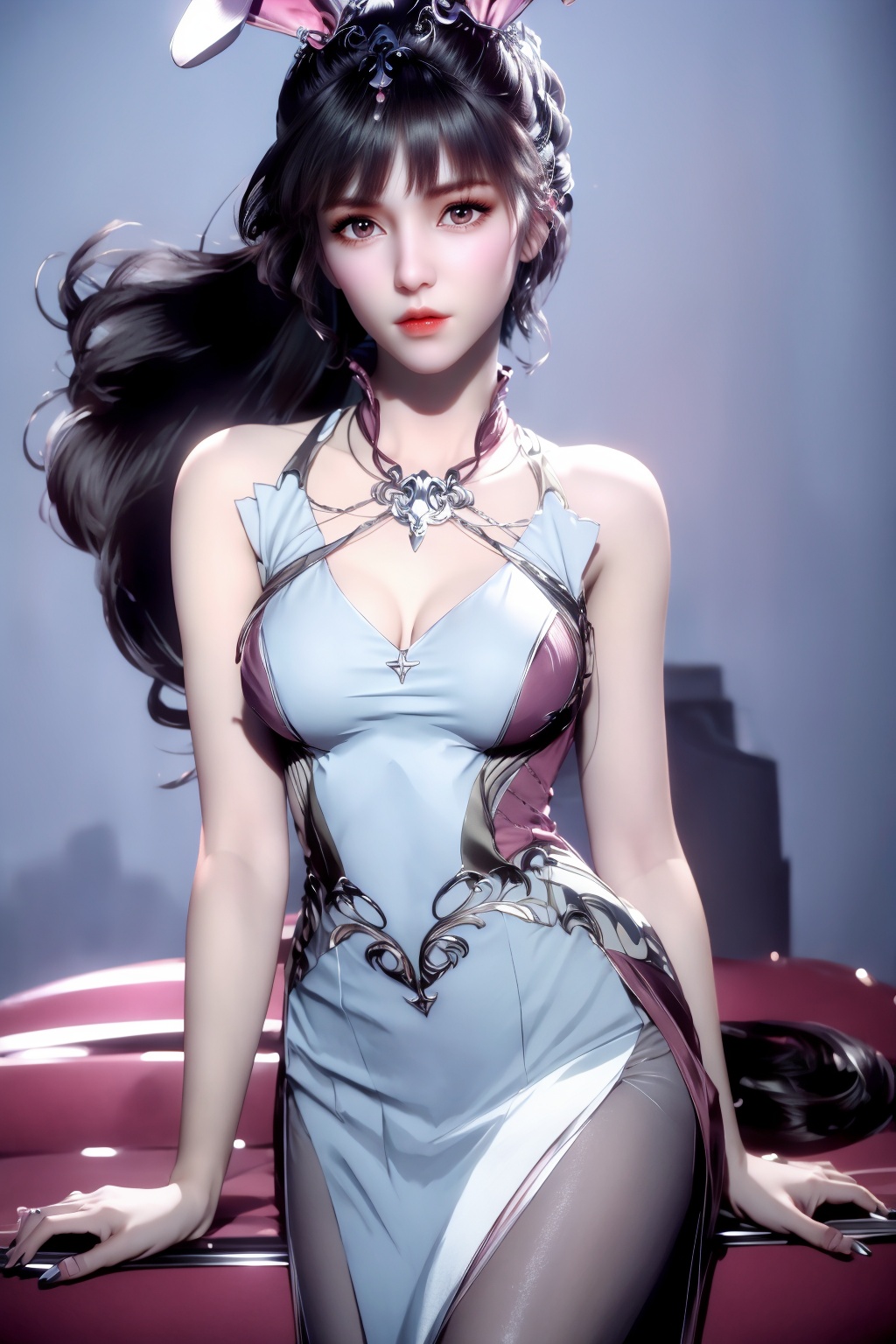 (8k, RAW photo, best quality, masterpiece:1.2),hatching (texture),skin gloss,light persona,(high detailed skin),glossy skin,contrapposto,female focus,model,(hot:0.7),sexy,fine fabric emphasis,wall paper,fashion,Lipstick,depth of field,(Magazine cover-style illustration of a fashionable woman),posing in front of a colorful and dynamic background.  (((The text on the cover should be bold and attention-grabbing, with the title of the magazine and a catchy headline))),1girl,solo,very long hair,rabbit ears,animal ears,bare shoulders,pink_dress,white_dress,long dress,red_eyes,white pantyhose,xwhd,looking at viewer,<lora:1030xw:0.8>,<lora:s_20230805204449:0.8>,<lora:1111白皙质感:0.5>,