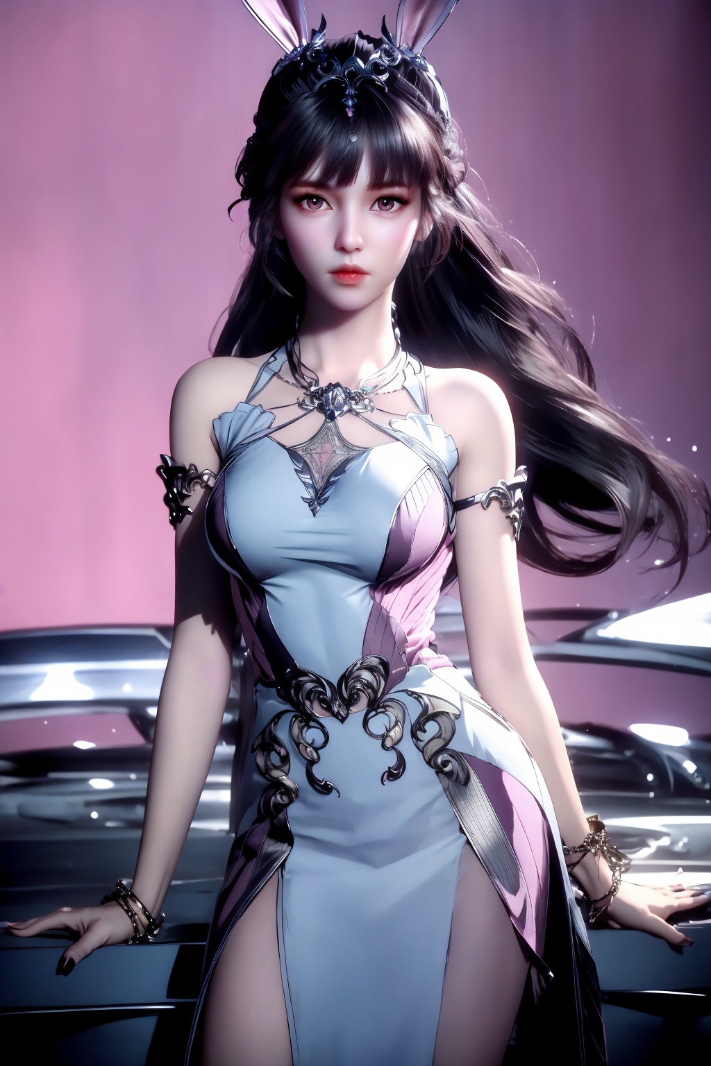 (8k, RAW photo, best quality, masterpiece:1.2),hatching (texture),skin gloss,light persona,(high detailed skin),glossy skin,contrapposto,female focus,model,(hot:0.7),sexy,fine fabric emphasis,wall paper,fashion,Lipstick,depth of field,(Magazine cover-style illustration of a fashionable woman),posing in front of a colorful and dynamic background.  (((The text on the cover should be bold and attention-grabbing, with the title of the magazine and a catchy headline))),1girl,solo,very long hair,rabbit ears,animal ears,bare shoulders,pink_dress,white_dress,long dress,red_eyes,white pantyhose,xwhd,looking at viewer,<lora:1030xw:0.8>,<lora:s_20230805204449:0.8>,<lora:1111白皙质感:0.5>,
