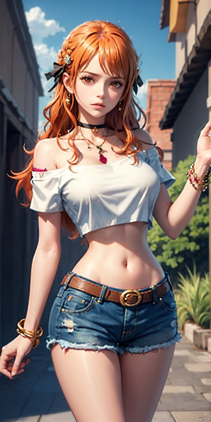  nai3, 1girl, shorts, solo, crop top, black shorts, choker, navel, shirt, midriff, crop top overhang, looking at viewer, white shirt, jewelry, breasts, cowboy shot, bare shoulders, short shorts, off-shoulder shirt, off shoulder, black choker, thighs, stomach, hand on own thigh, long hair, bracelet, short sleeves, ribbon, hand up, collarbone, hair ribbon, medium breasts, standing, high-waist shorts, dolphin shorts, bra strap, closed mouth, hair ornament, thigh gap, bangs, necklace, expressionless,,nami \(one piece\),Orange hair