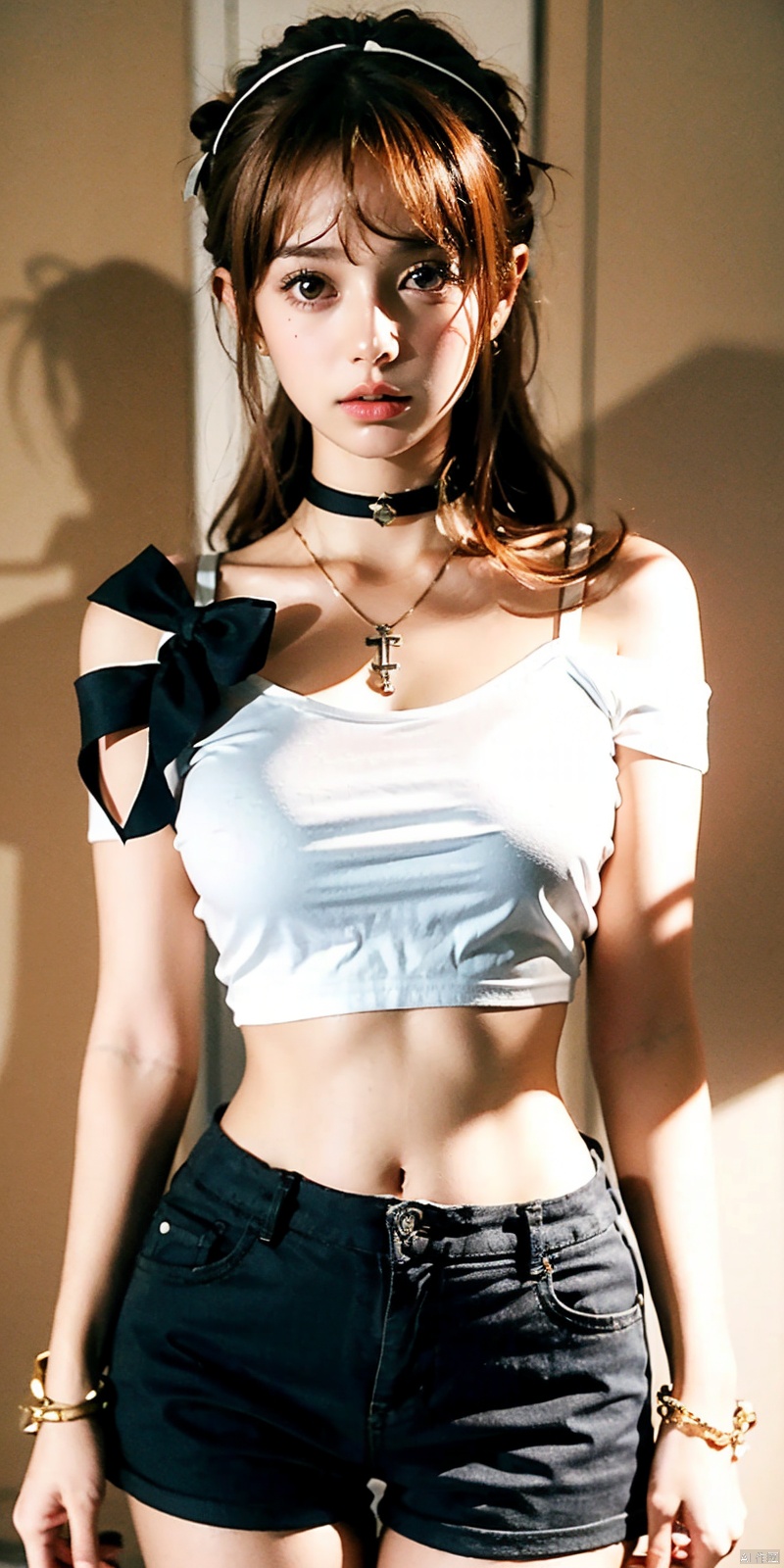  nai3, 1girl, shorts, solo, crop top, black shorts, choker, navel, shirt, midriff, crop top overhang, looking at viewer, white shirt, jewelry, breasts, cowboy shot, bare shoulders, short shorts, off-shoulder shirt, off shoulder, black choker, thighs, stomach, hand on own thigh, long hair, bracelet, short sleeves, ribbon, hand up, collarbone, hair ribbon, medium breasts, standing, high-waist shorts, dolphin shorts, bra strap, closed mouth, hair ornament, thigh gap, bangs, necklace, expressionless,,nami \(one piece\),Orange hair