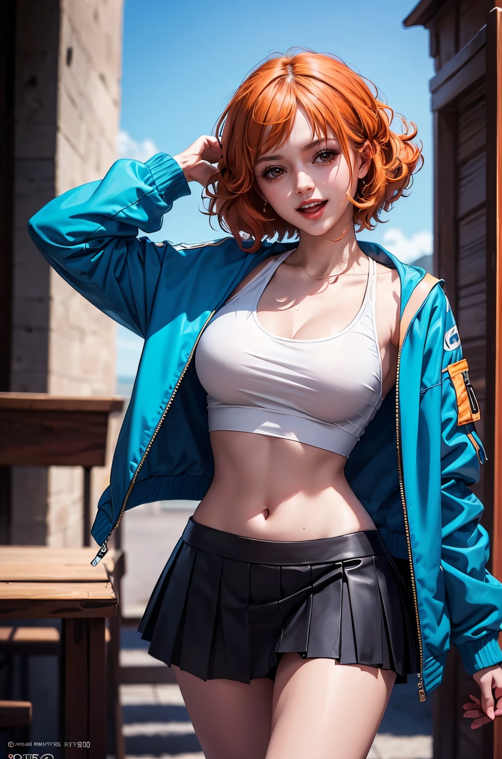  DSLR, (Good structure), HDR, UHD, 8K, A real person, Highly detailed, best quality, masterpiece, 1girl, realistic, Highly detailed, (EOS R8, 50mm, F1.2, 8K, RAW photo:1.2), ultra realistic 8k, (best illumination, best shadow, extremely delicate and beautiful), (official art, beautiful and aesthetic:1.2), solo, 1girl, , Wind, flowing hair, kind smile, , pose for picture, Dynamic pose, looking_at_viewer,
namei, 1girl, skirt, solo, breasts, navel, cleavage, nami \(one piece\), midriff, short hair, orange hair, crop top, jacket, large breasts, miniskirt, blue jacket, pleated skirt, open mouth, open jacket