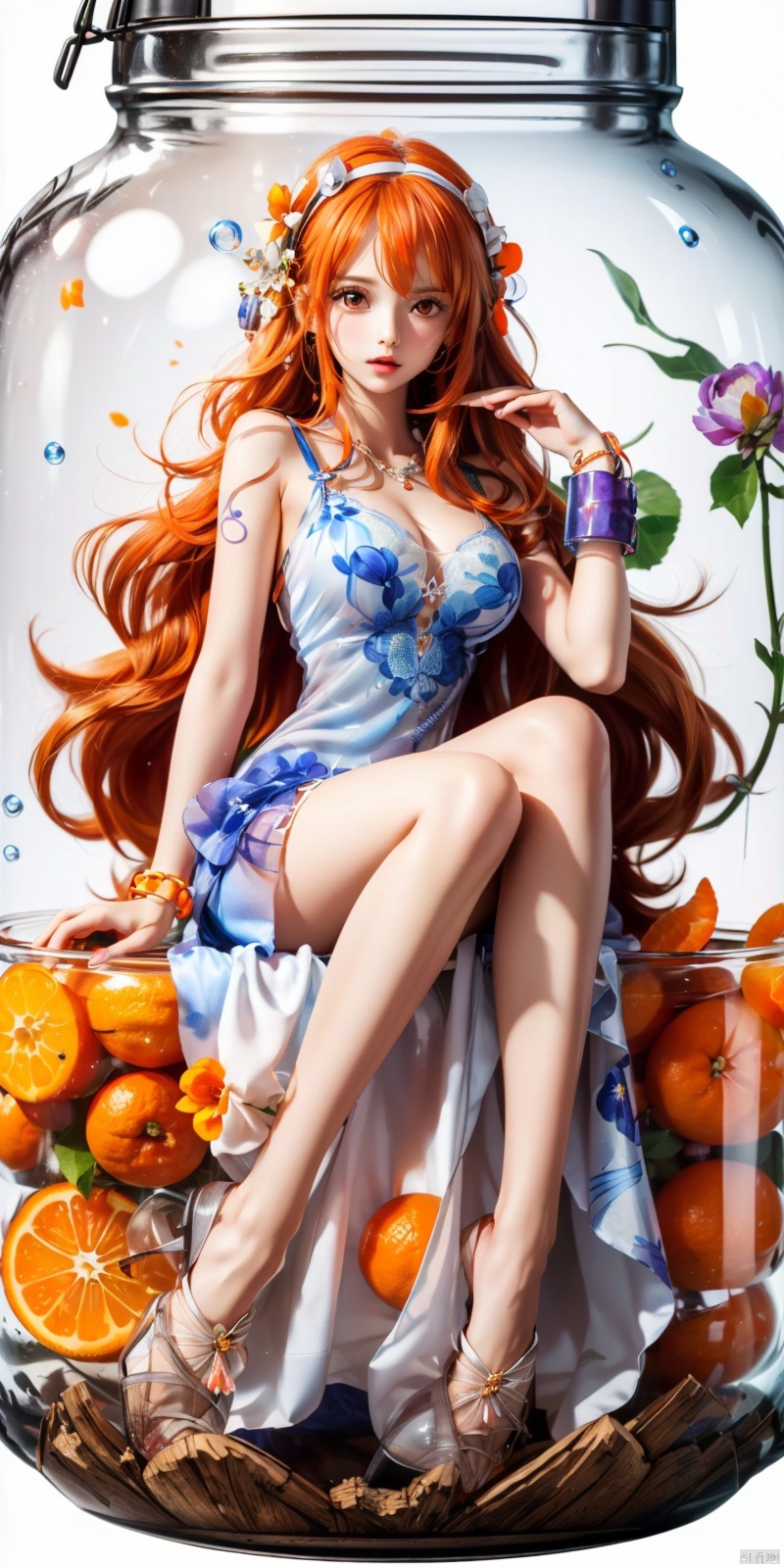  ,(flowers background:1.45),(transparent background:1.3)(an extremely delicate and beautiful girl inside of glass jar:1.2), (glass jar:1.35),(solo:1.2), (full body), (beautiful detailed eyes, beautiful detailed face:1.3), (sitting ), (very long silky hair, float white hair:1.15), (medium_breasts, tally and skinny:1.2), (Colorful dress:1.3), (extremely detailed lace:0.3), (insanely detailed frills:0.3),(hairband , orange hair_ornament:1.25),orange cans,water surface,full body,(bottle filled with orange water,bottle filled with Fanta:1.25), (many fruits in jar, many Sliced_fruits in jar:1.25), (many bubbles:1.25), colors, nami \(one piece\), BY MOONCRYPTOWOW