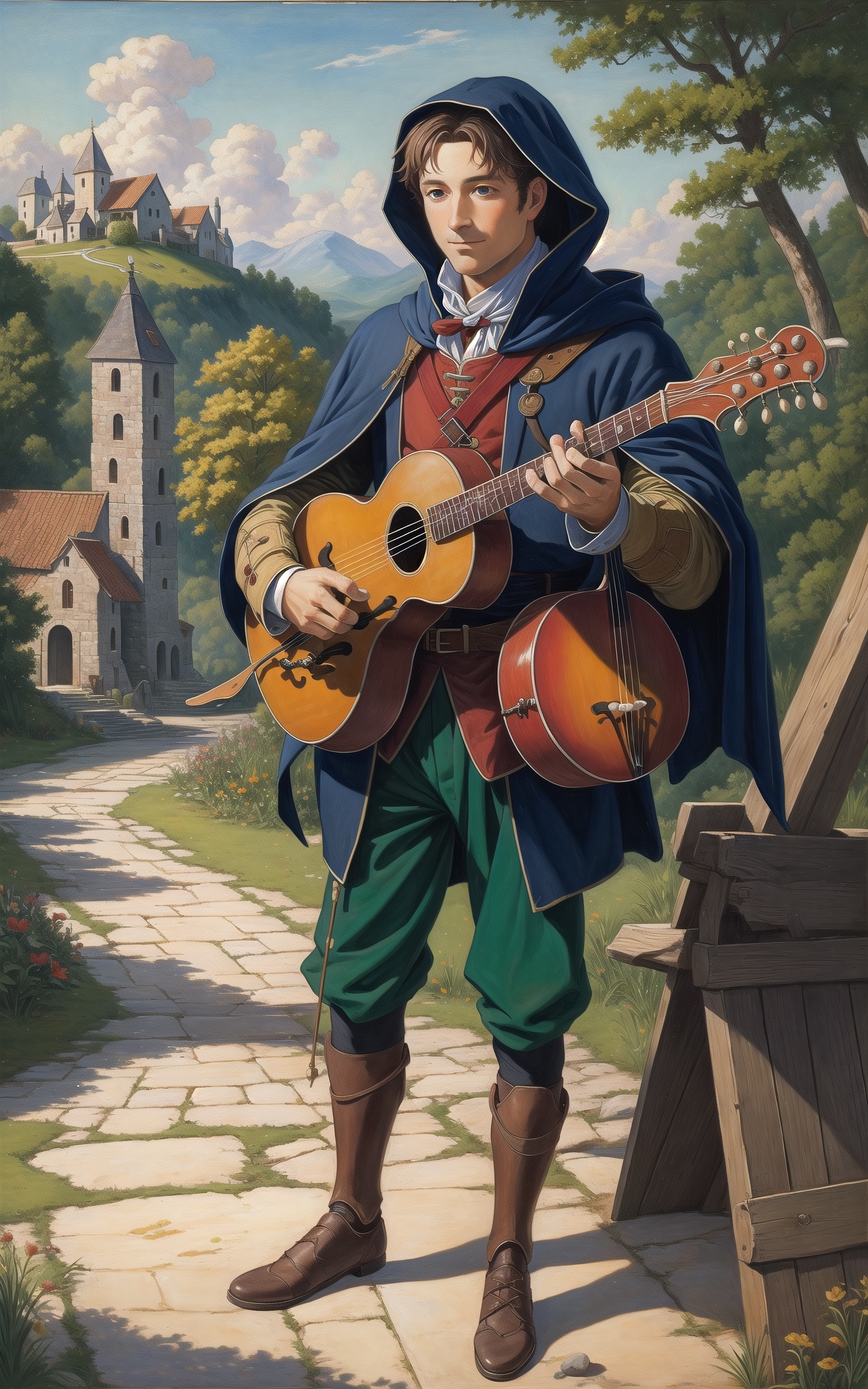 A medieval minstrel with very colorful suit with tippet and hood playing a mandolin in a romantic landscape,  oil painting...