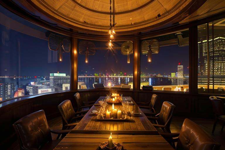 bar,indoor,bar counter,night,art chandelier,wine cabinet,a table for four,vase,there are red wine and wine glasses on the table,green plant,window,night view of the city in the high sky outside the window,wall art decoration,<lora:bar_06:0.8>,