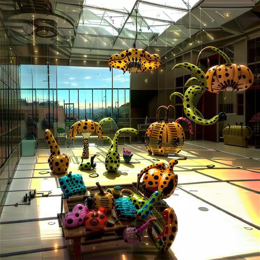 indoor,Yayoi Kusama,<lora:Yayoi Kusama-000018:0.9>,wine cabinet,table,couch,window,green plant,ceiling lamp,carpet,colorful,photorealestic,best qualtiy,tmasterpiece,movie-level quality,
