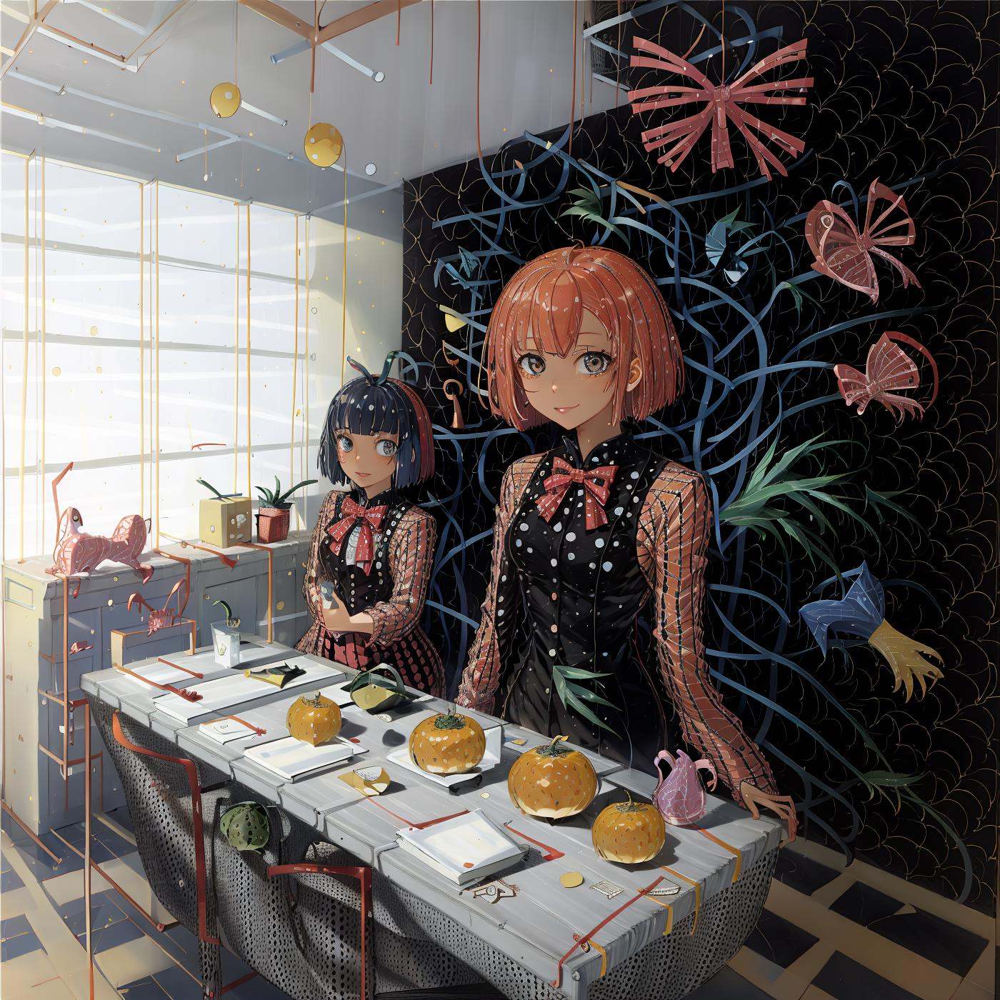 1girl,solo,cherry,food,bow,hairornament,fruit,hairbow,choker,ponytail,lookingatviewer,jewelry,earrings,strawberry,blueeyes,frills,hairclip,blondehair,bandaid,longhair,icecream,bangs,upperbody,nailpolish,xhairornament,table,redbow,sleeveless,englishtext,sitting,rednails,mouthhold,spoon,blurry,plaid,heart,<lora:Yayoi Kusama-000018:0.9>,